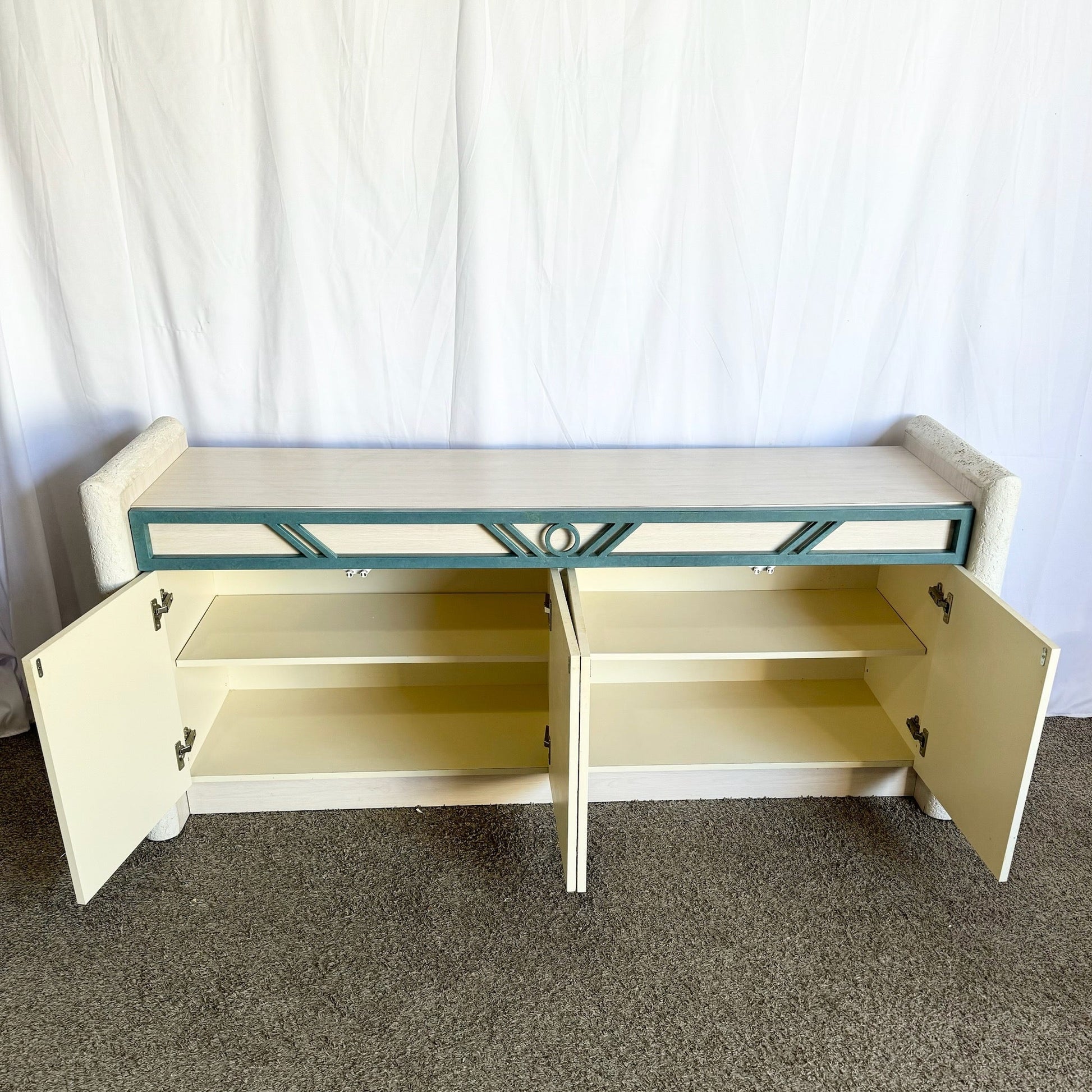 Postmodern Stucco Wood Grain Laminate Credenza - Dolphin & Flamingo