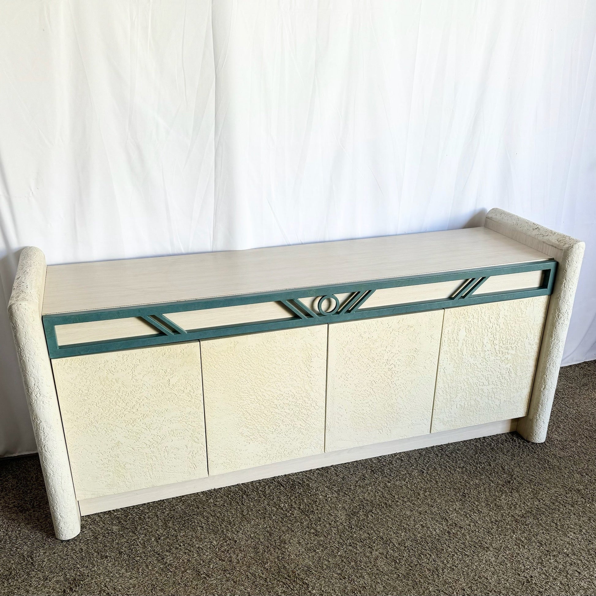 Postmodern Stucco Wood Grain Laminate Credenza - Dolphin & Flamingo