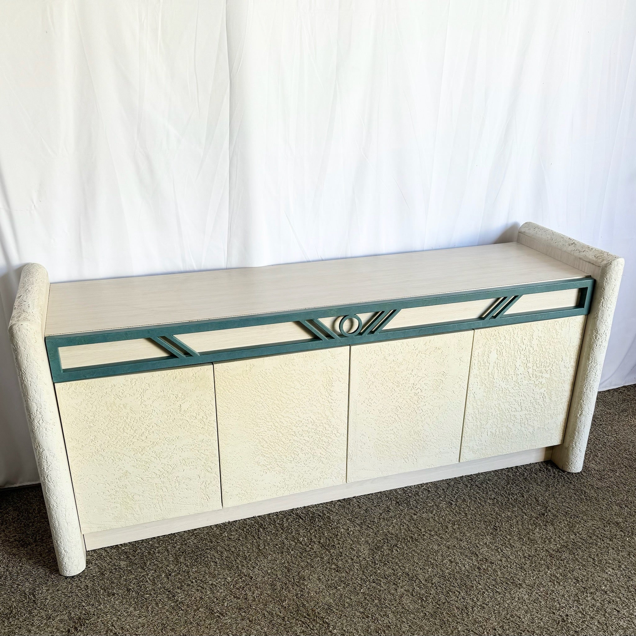 Postmodern Stucco Wood Grain Laminate Credenza - Dolphin & Flamingo