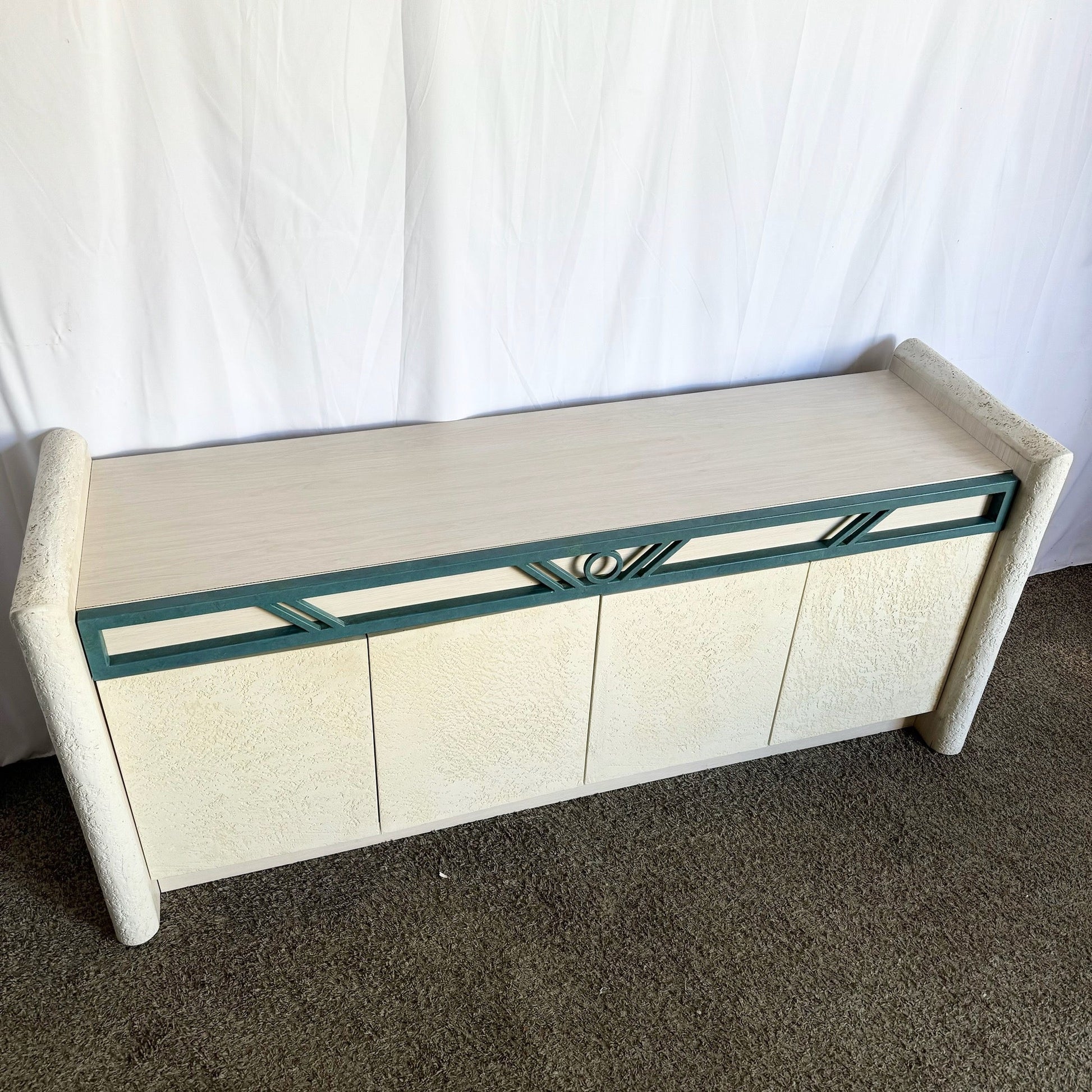 Postmodern Stucco Wood Grain Laminate Credenza - Dolphin & Flamingo