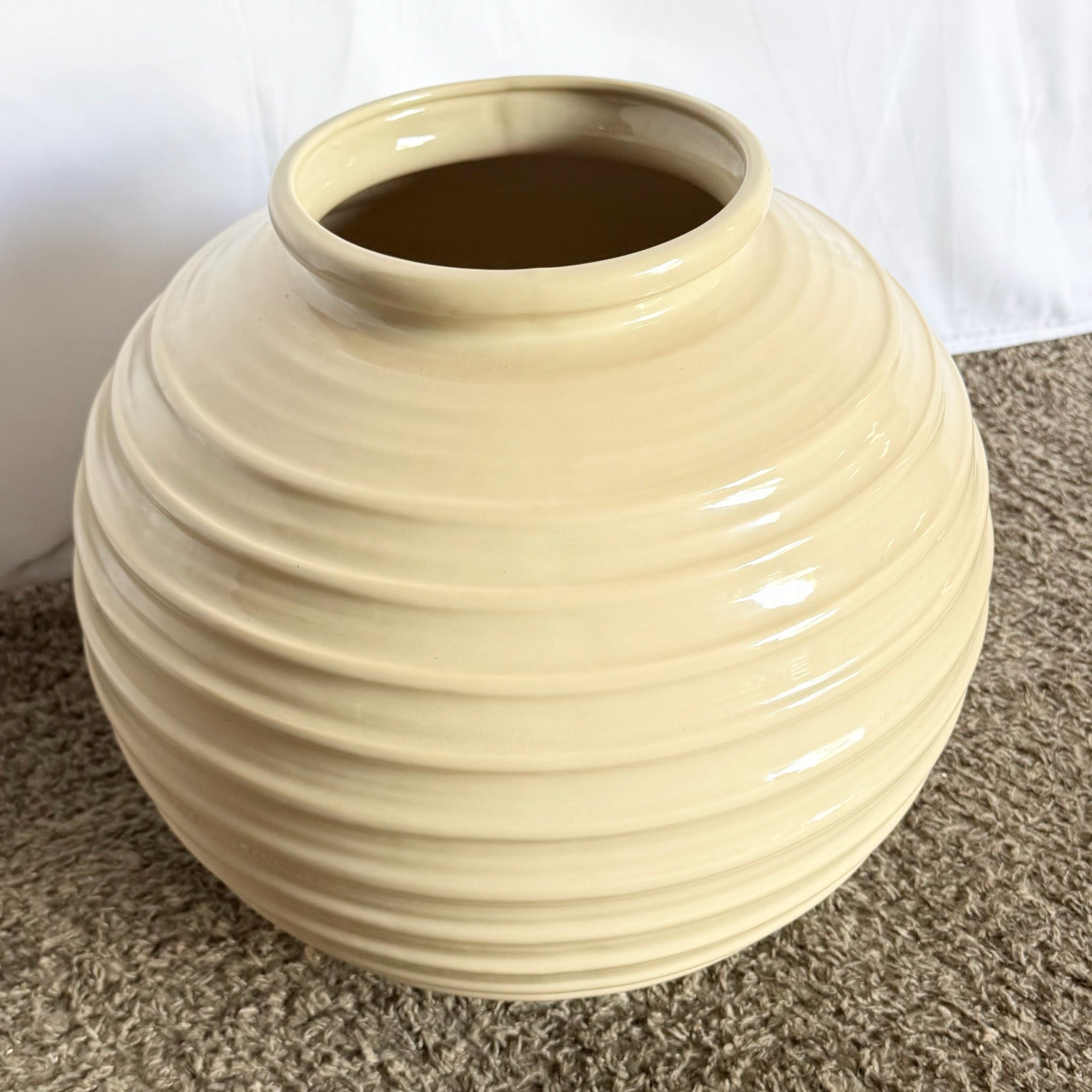 Postmodern Tan Gloss Ceramic Ribbed Spherical Vase - Dolphin & Flamingo