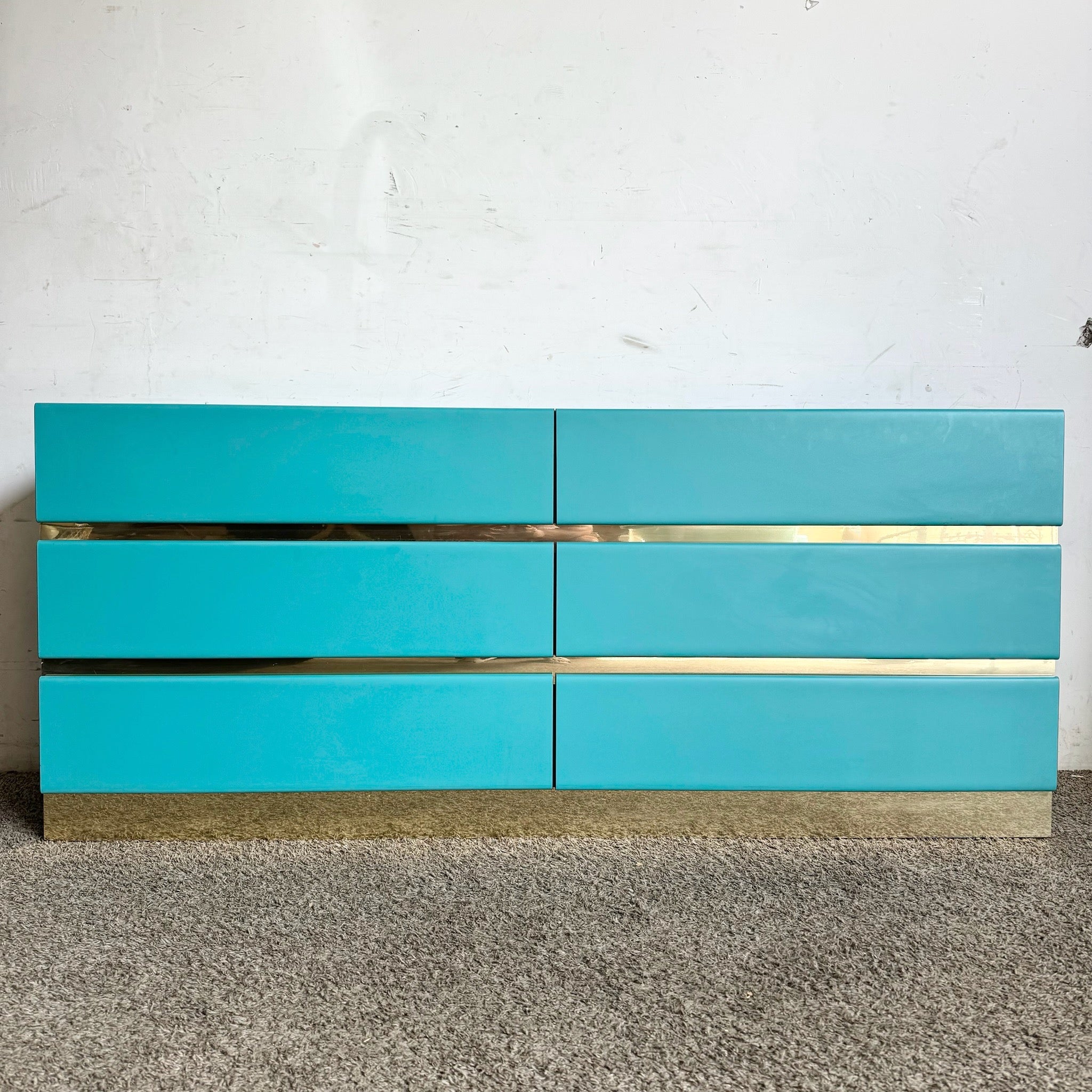 Postmodern Teal Laminate Dresser With Gold Accents - 6 Drawers - Dolphin & Flamingo