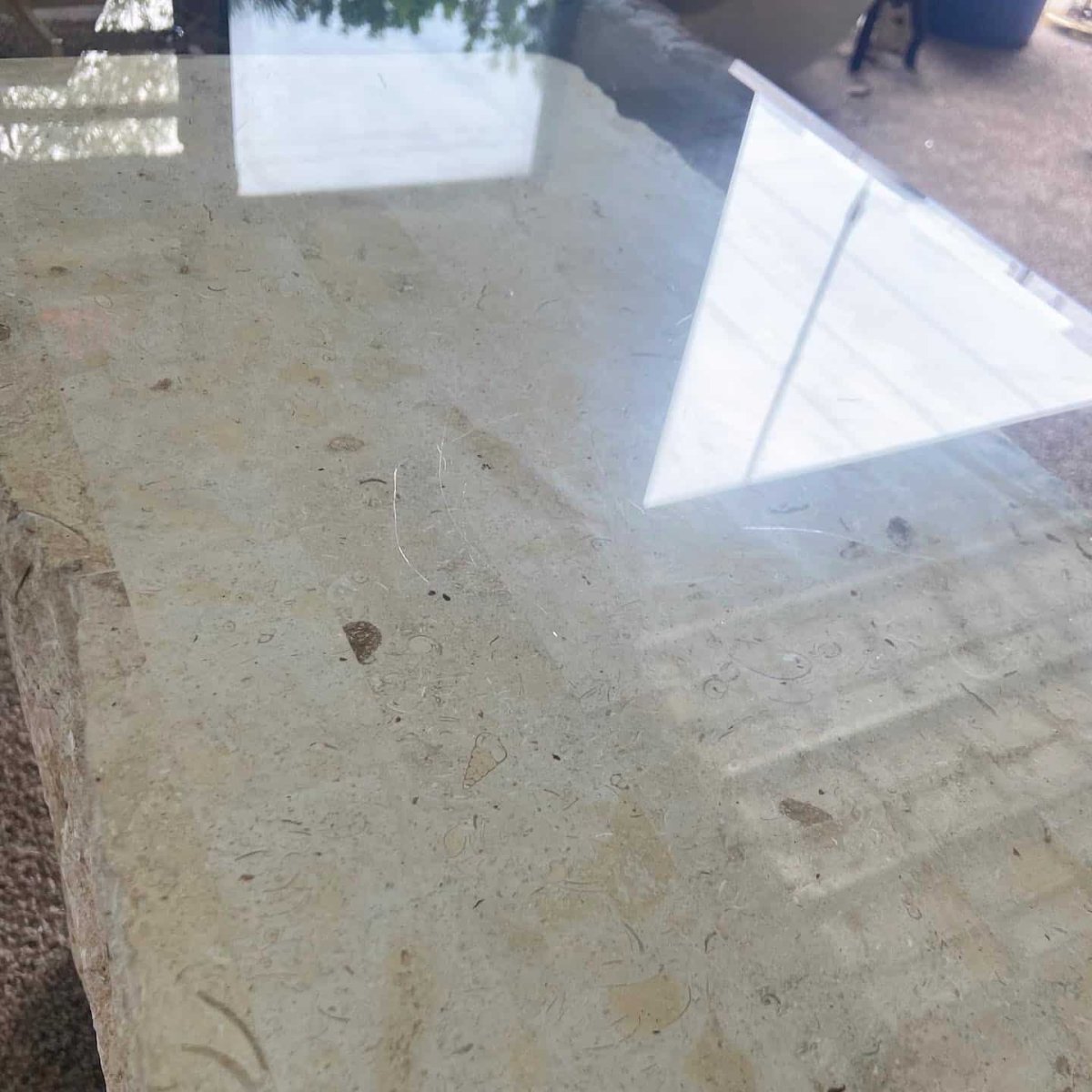 Postmodern Tessellated Mactan Stone Console Table w/ Polished Pink Stone Accent - Dolphin & Flamingo