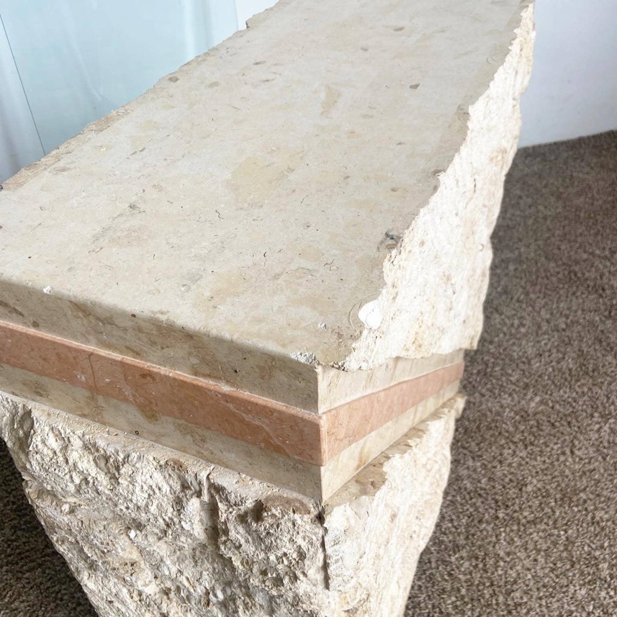 Postmodern Tessellated Mactan Stone Console Table w/ Polished Pink Stone Accent - Dolphin & Flamingo