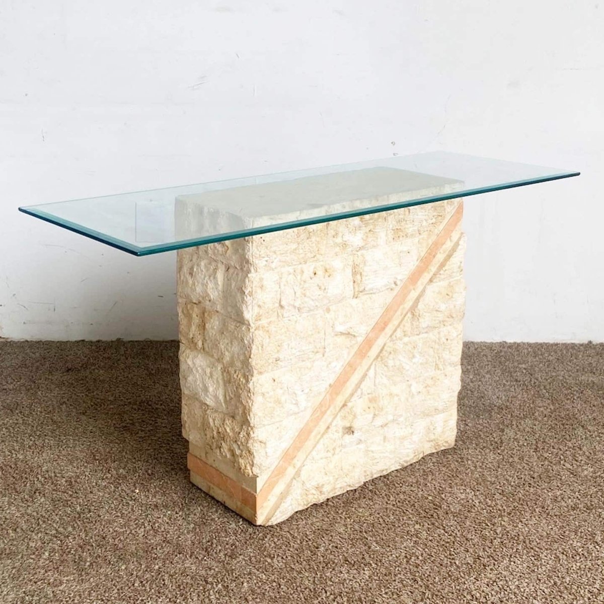 Postmodern Tessellated Mactan Stone Console Table w/ Polished Pink Stone Accent - Dolphin & Flamingo