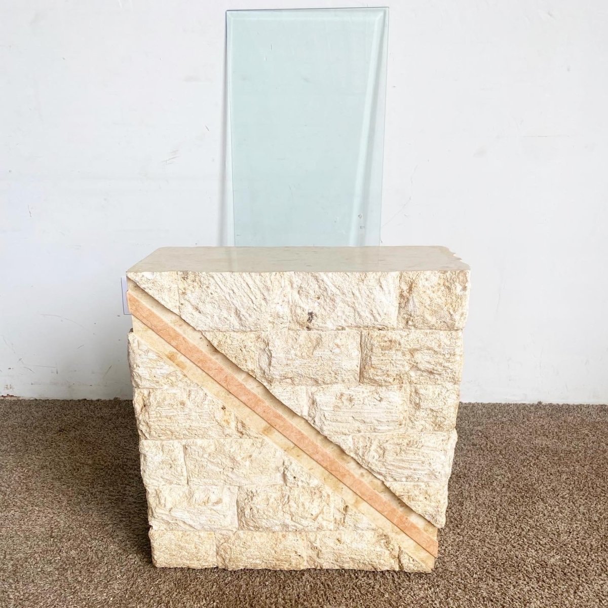 Postmodern Tessellated Mactan Stone Console Table w/ Polished Pink Stone Accent - Dolphin & Flamingo