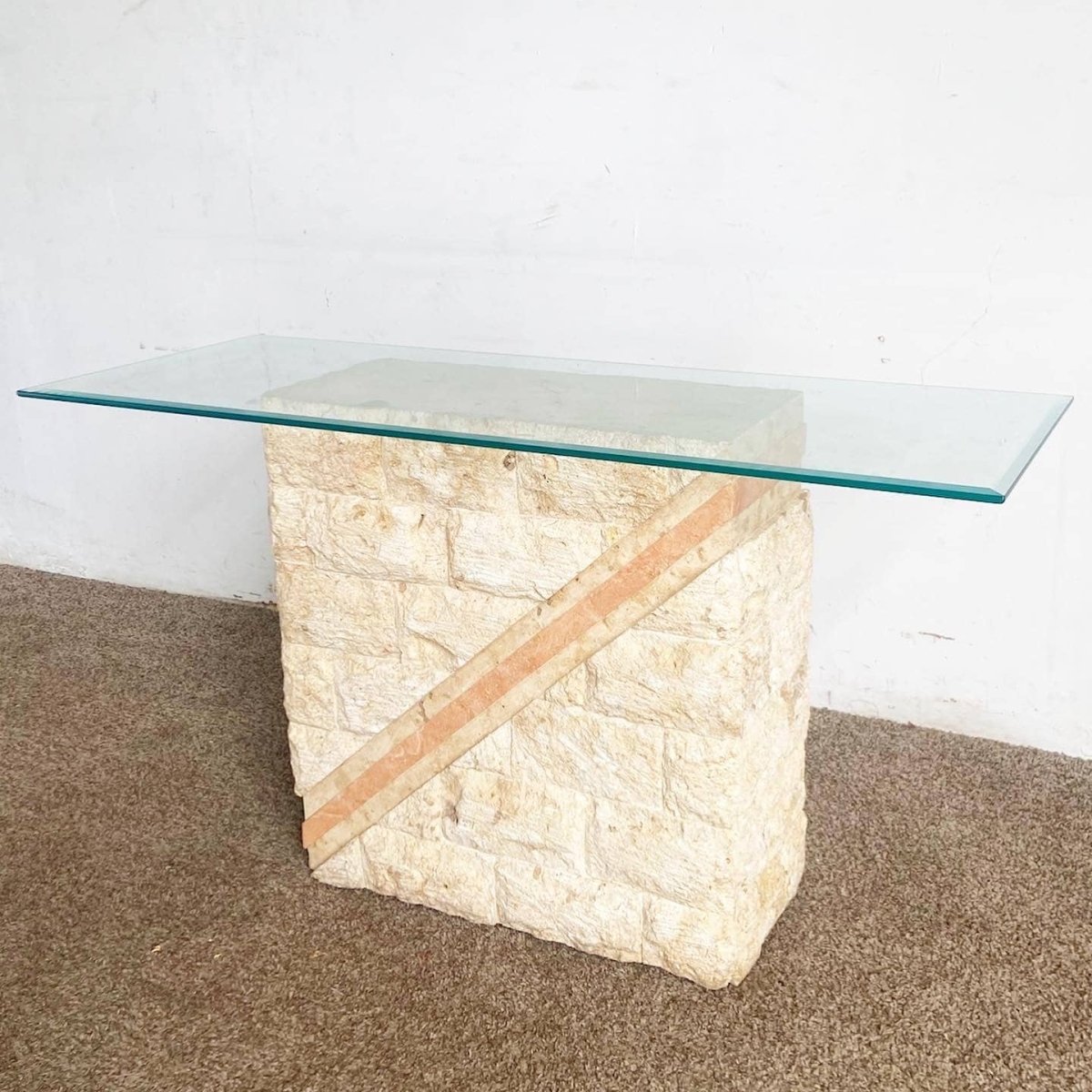 Postmodern Tessellated Mactan Stone Console Table w/ Polished Pink Stone Accent - Dolphin & Flamingo