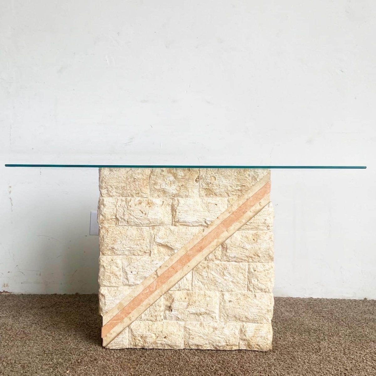 Postmodern Tessellated Mactan Stone Console Table w/ Polished Pink Stone Accent - Dolphin & Flamingo