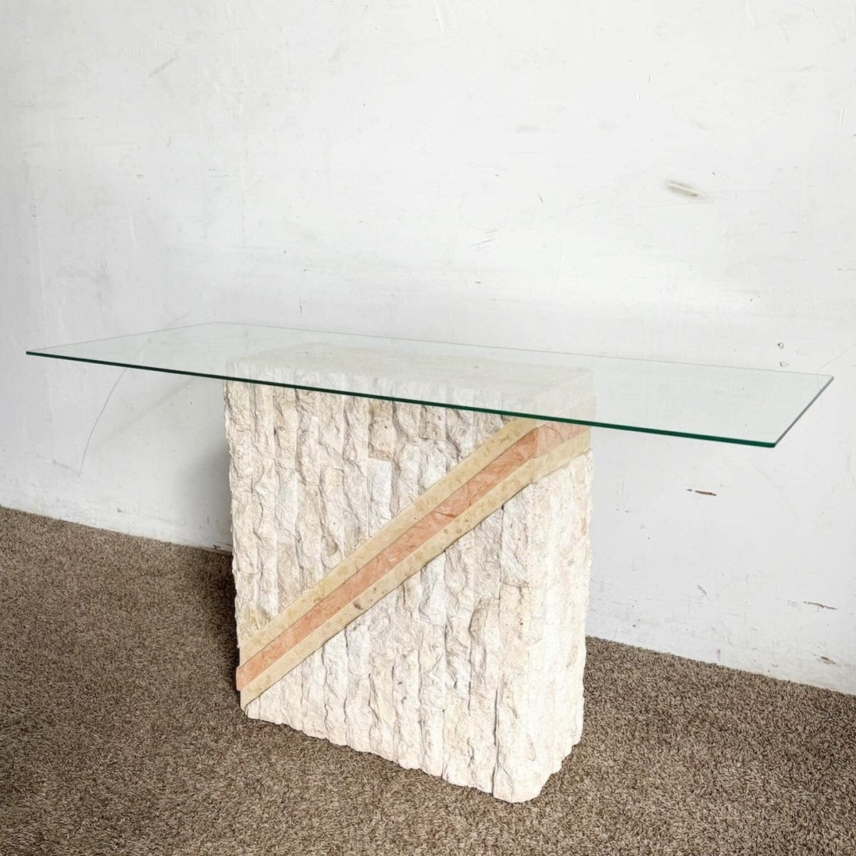 Postmodern Tessellated Pink and Beige Stone Glass Top Console Table - Dolphin & Flamingo