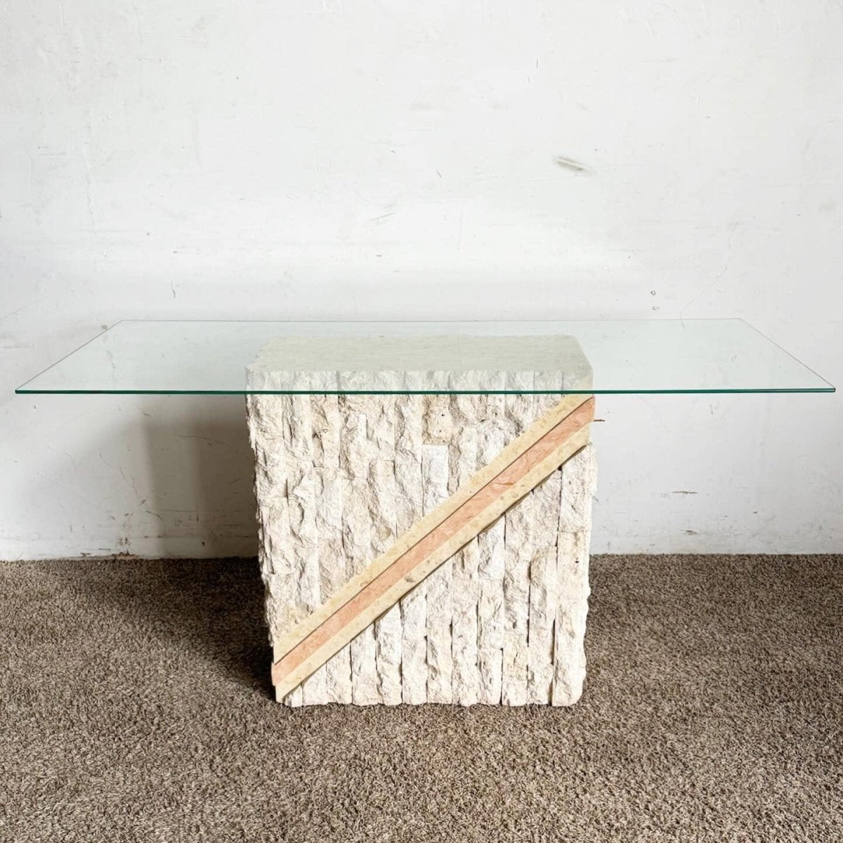 Postmodern Tessellated Pink and Beige Stone Glass Top Console Table - Dolphin & Flamingo