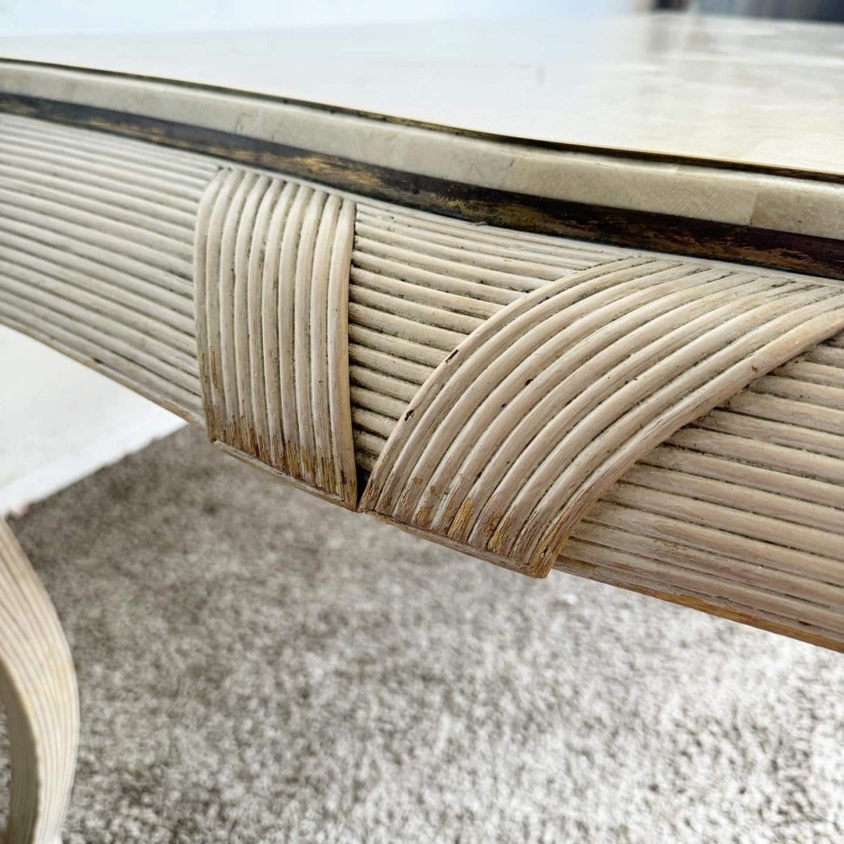 Postmodern Tessellated Stone, Brass, and Pencil Reed Dining Table - Dolphin & Flamingo