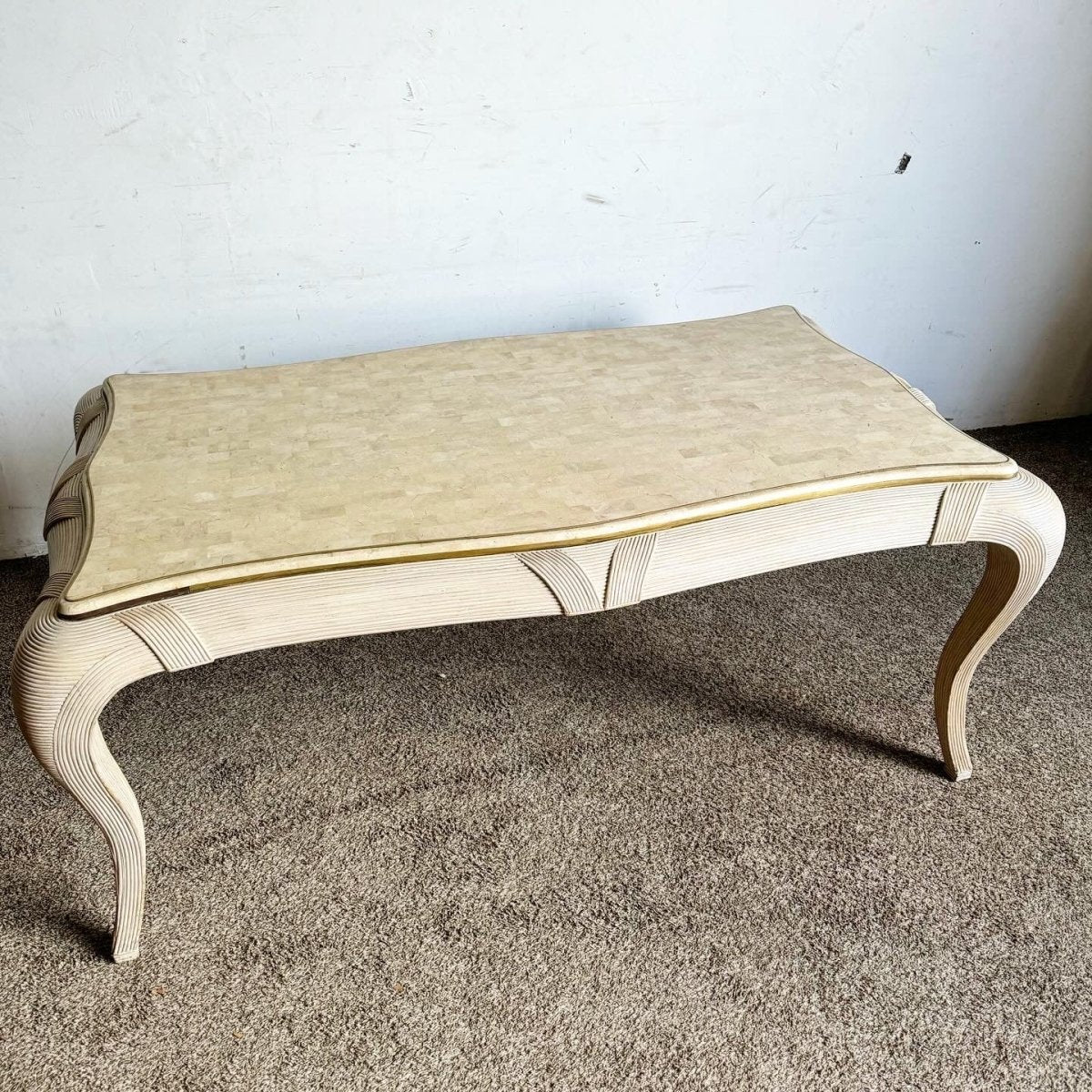 Postmodern Tessellated Stone, Brass, and Pencil Reed Dining Table - Dolphin & Flamingo