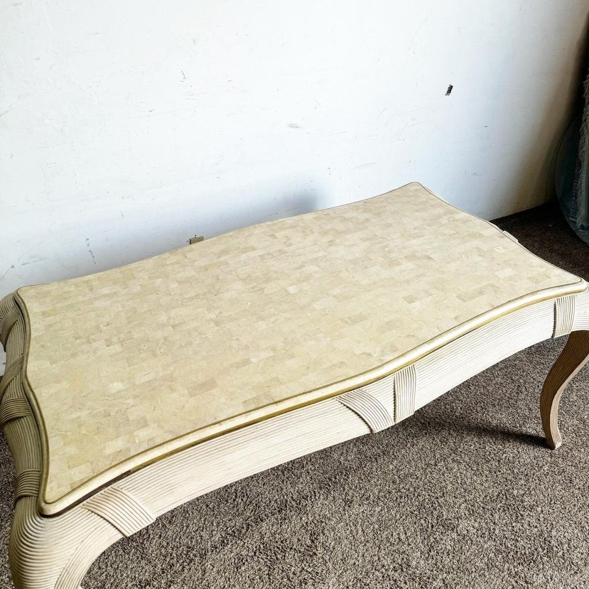 Postmodern Tessellated Stone, Brass, and Pencil Reed Dining Table - Dolphin & Flamingo