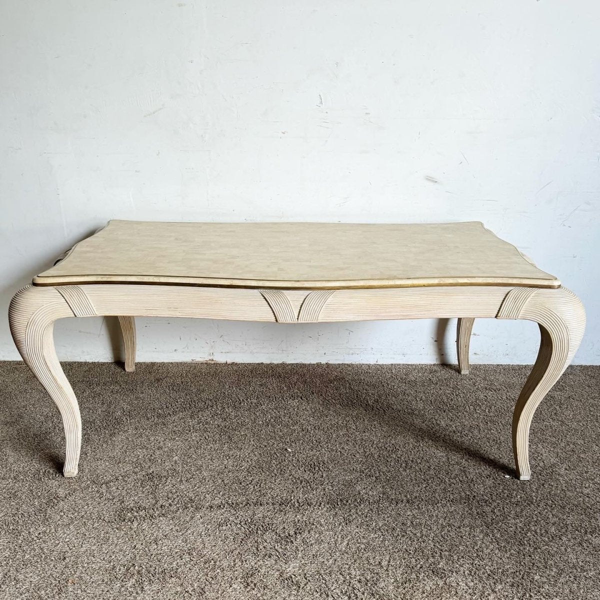 Postmodern Tessellated Stone, Brass, and Pencil Reed Dining Table - Dolphin & Flamingo