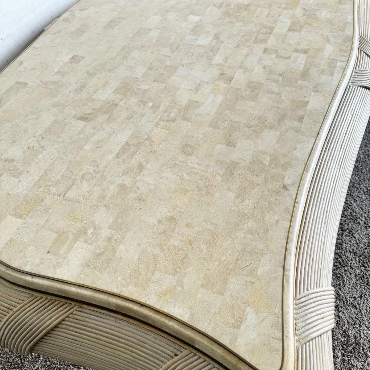 Postmodern Tessellated Stone, Brass, and Pencil Reed Dining Table - Dolphin & Flamingo