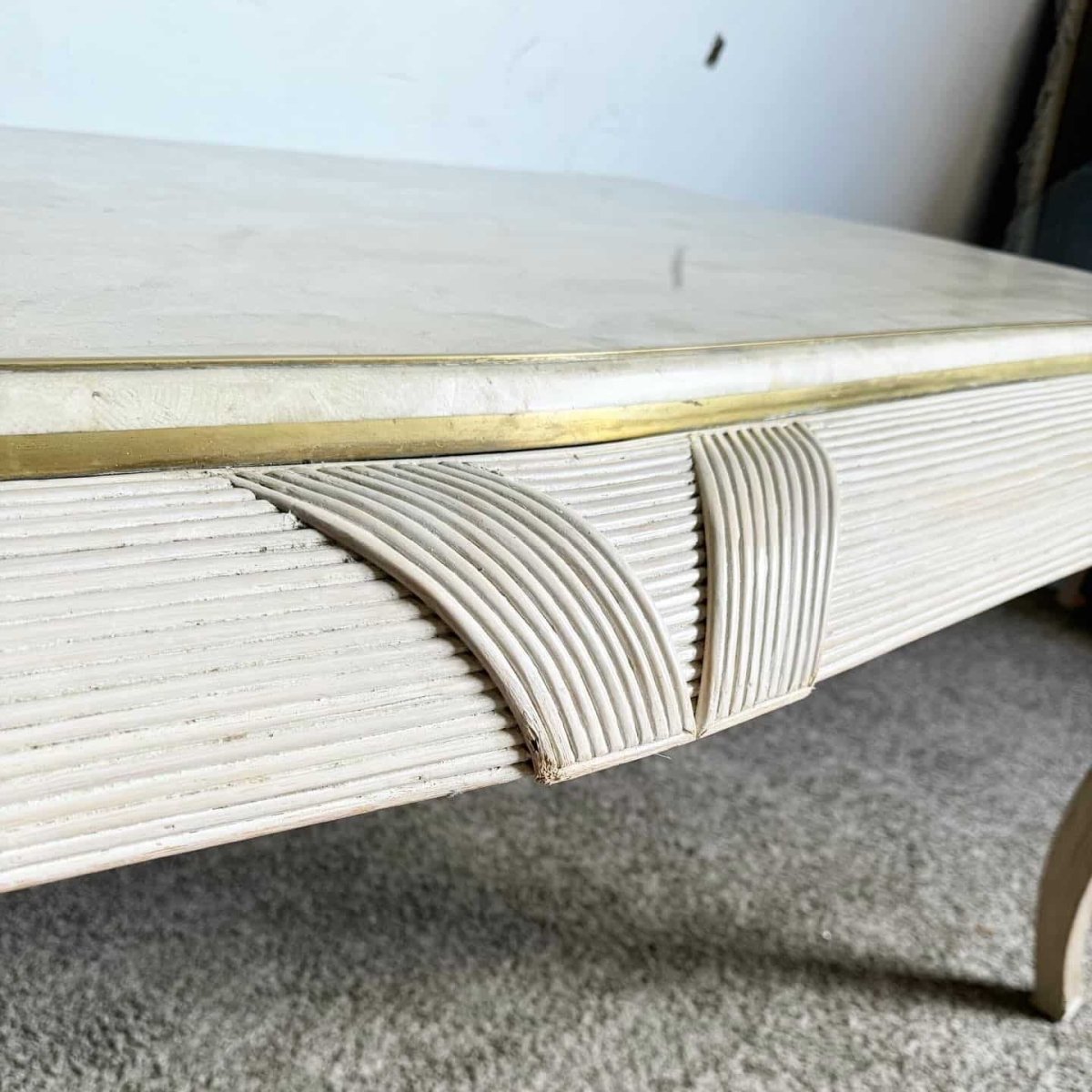 Postmodern Tessellated Stone, Brass, and Pencil Reed Dining Table - Dolphin & Flamingo