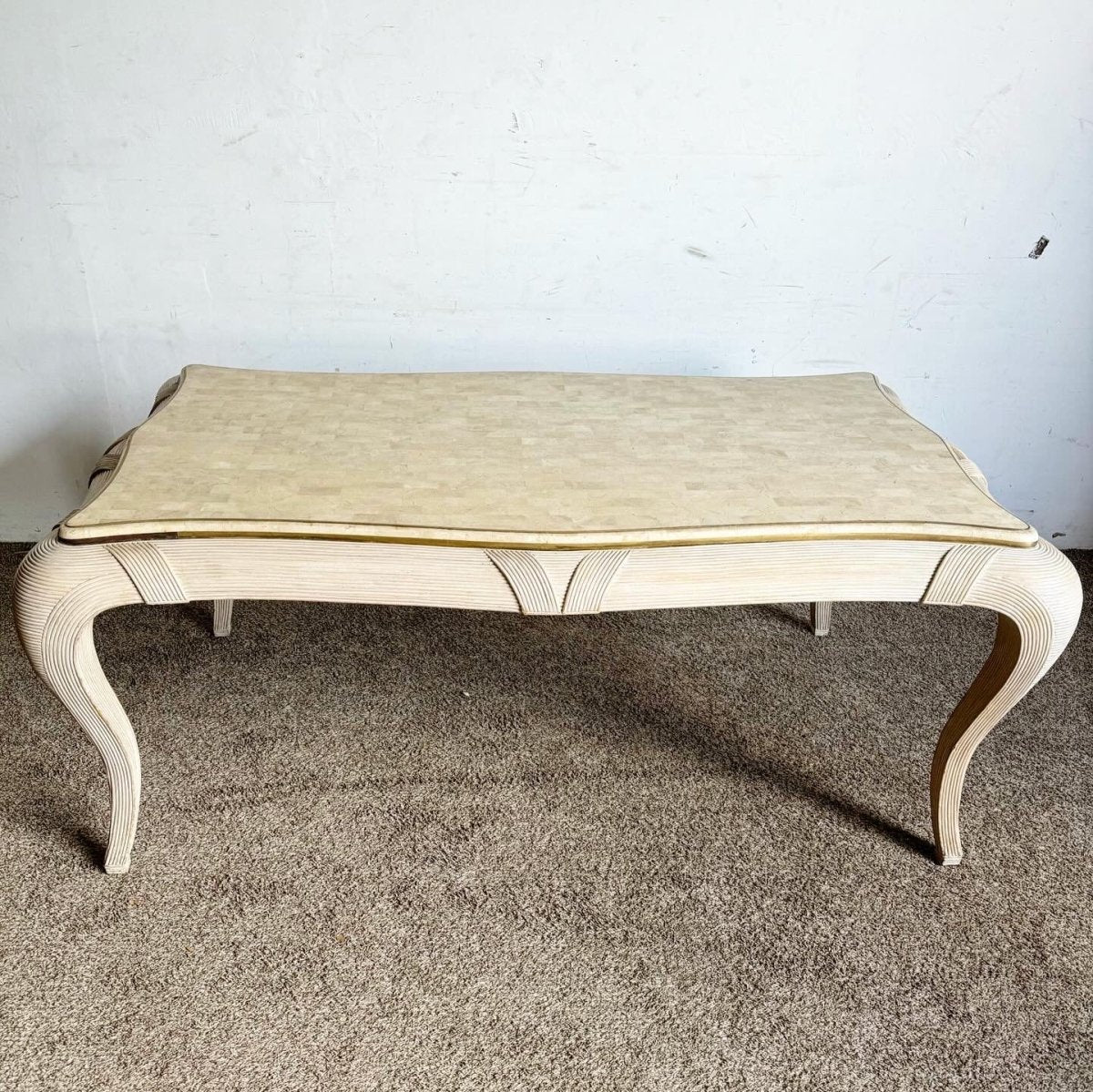 Postmodern Tessellated Stone, Brass, and Pencil Reed Dining Table - Dolphin & Flamingo