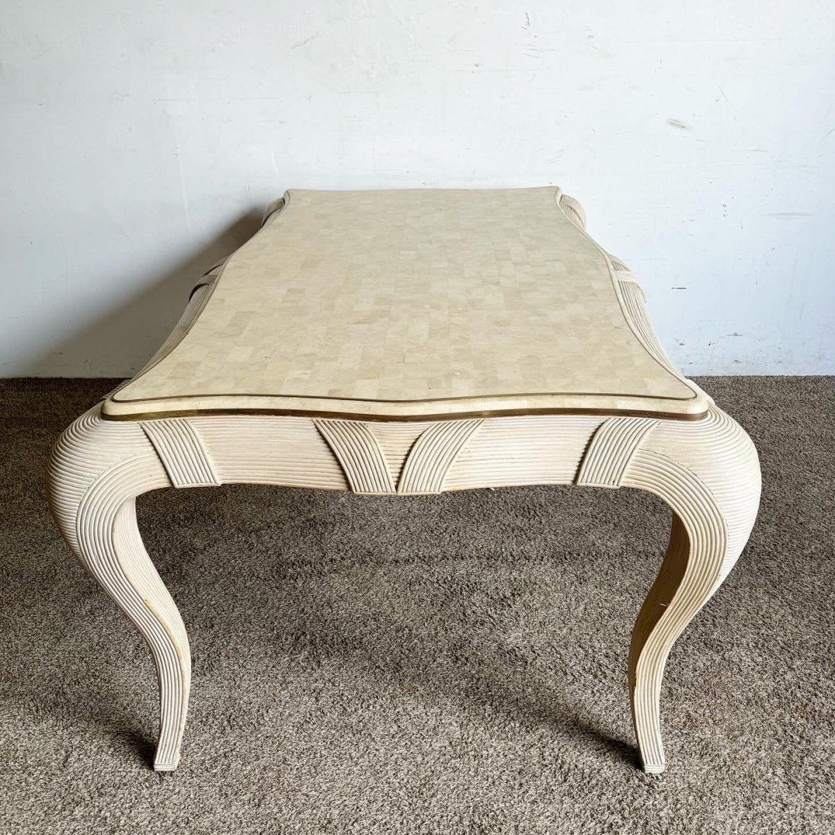 Postmodern Tessellated Stone, Brass, and Pencil Reed Dining Table - Dolphin & Flamingo