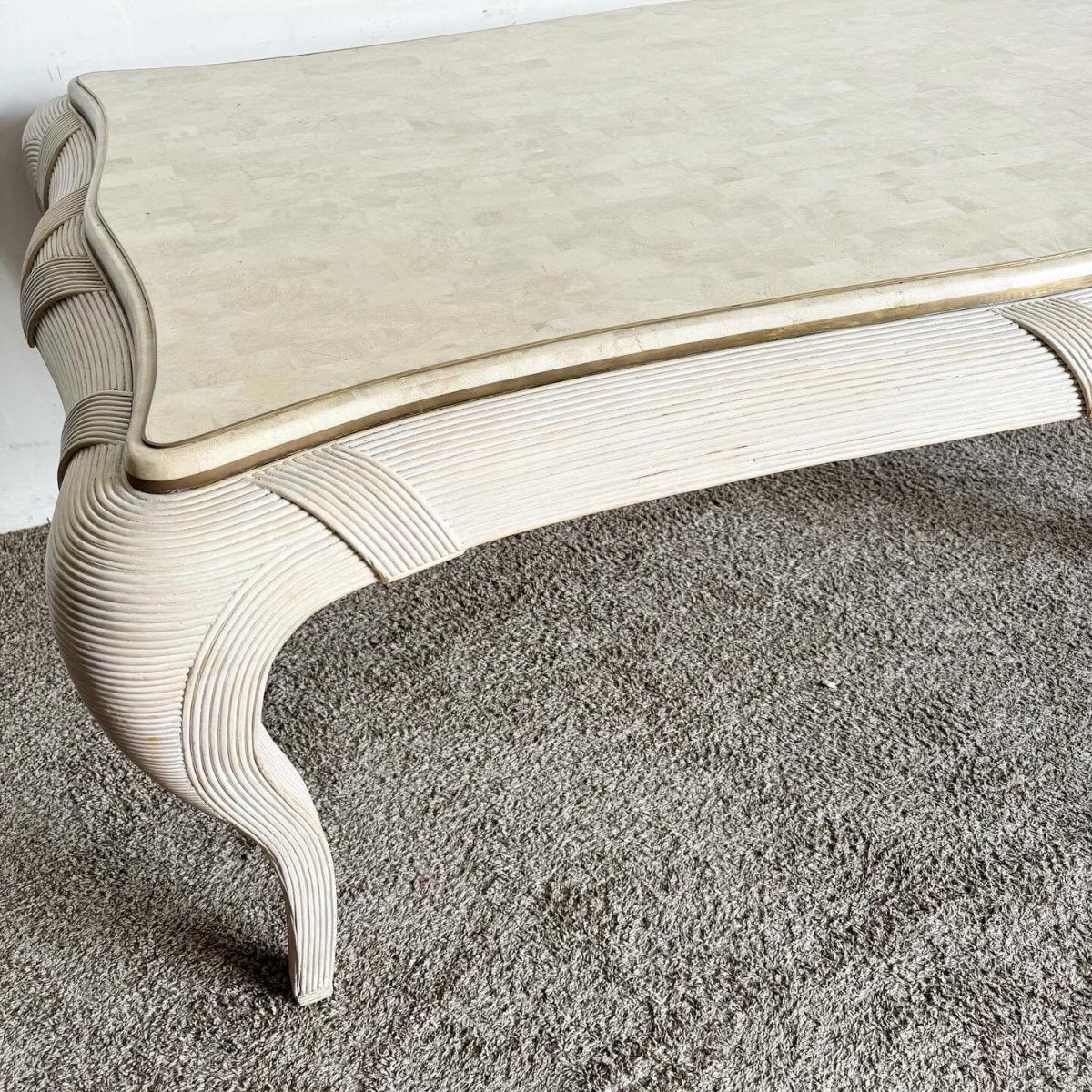 Postmodern Tessellated Stone, Brass, and Pencil Reed Dining Table - Dolphin & Flamingo