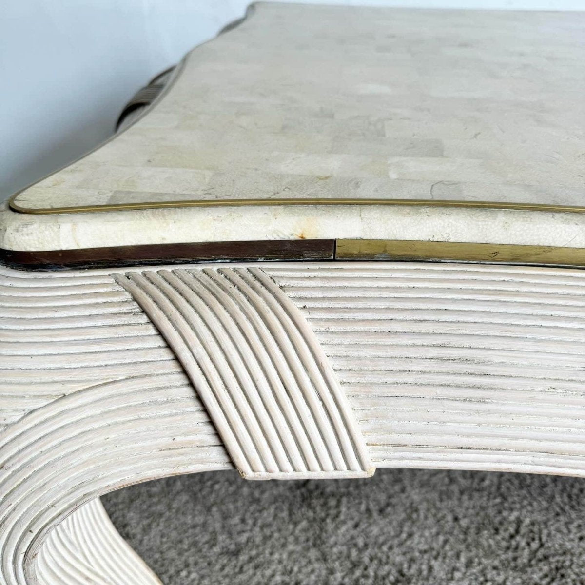 Postmodern Tessellated Stone, Brass, and Pencil Reed Dining Table - Dolphin & Flamingo