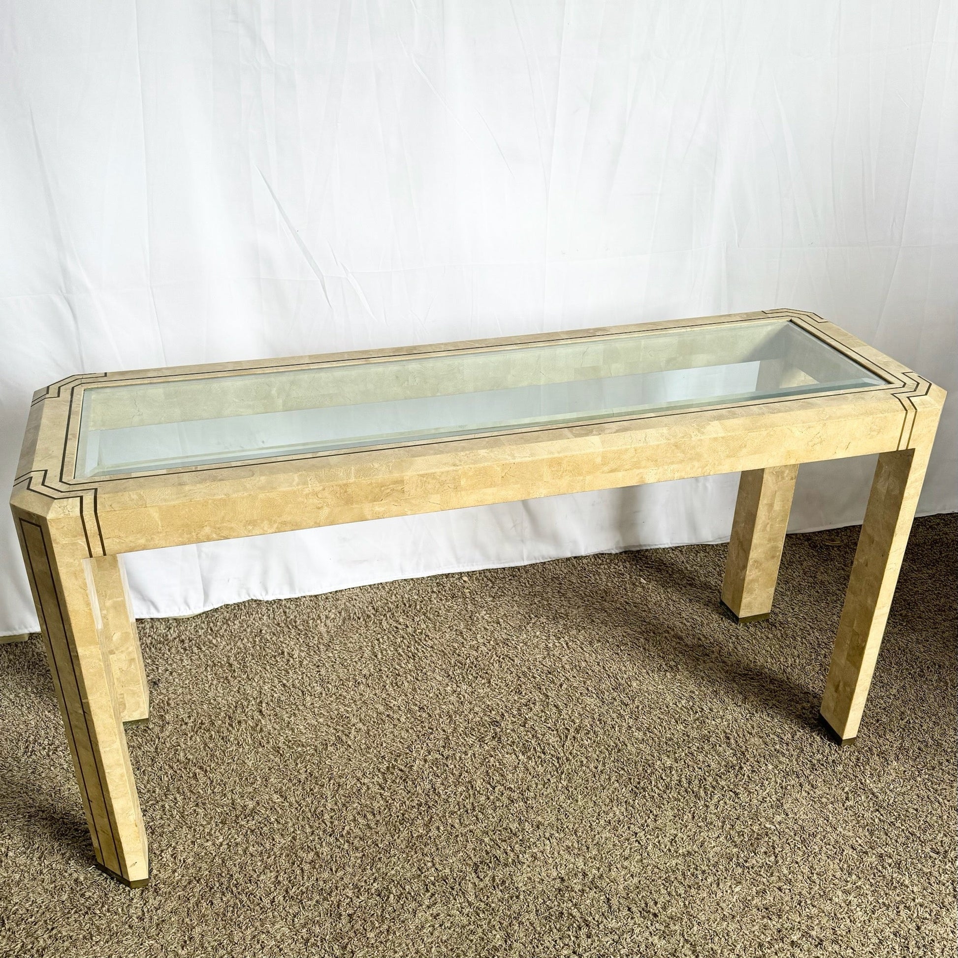 Postmodern Tessellated Stone Console Table With Brass and Glass Inlay - Dolphin & Flamingo
