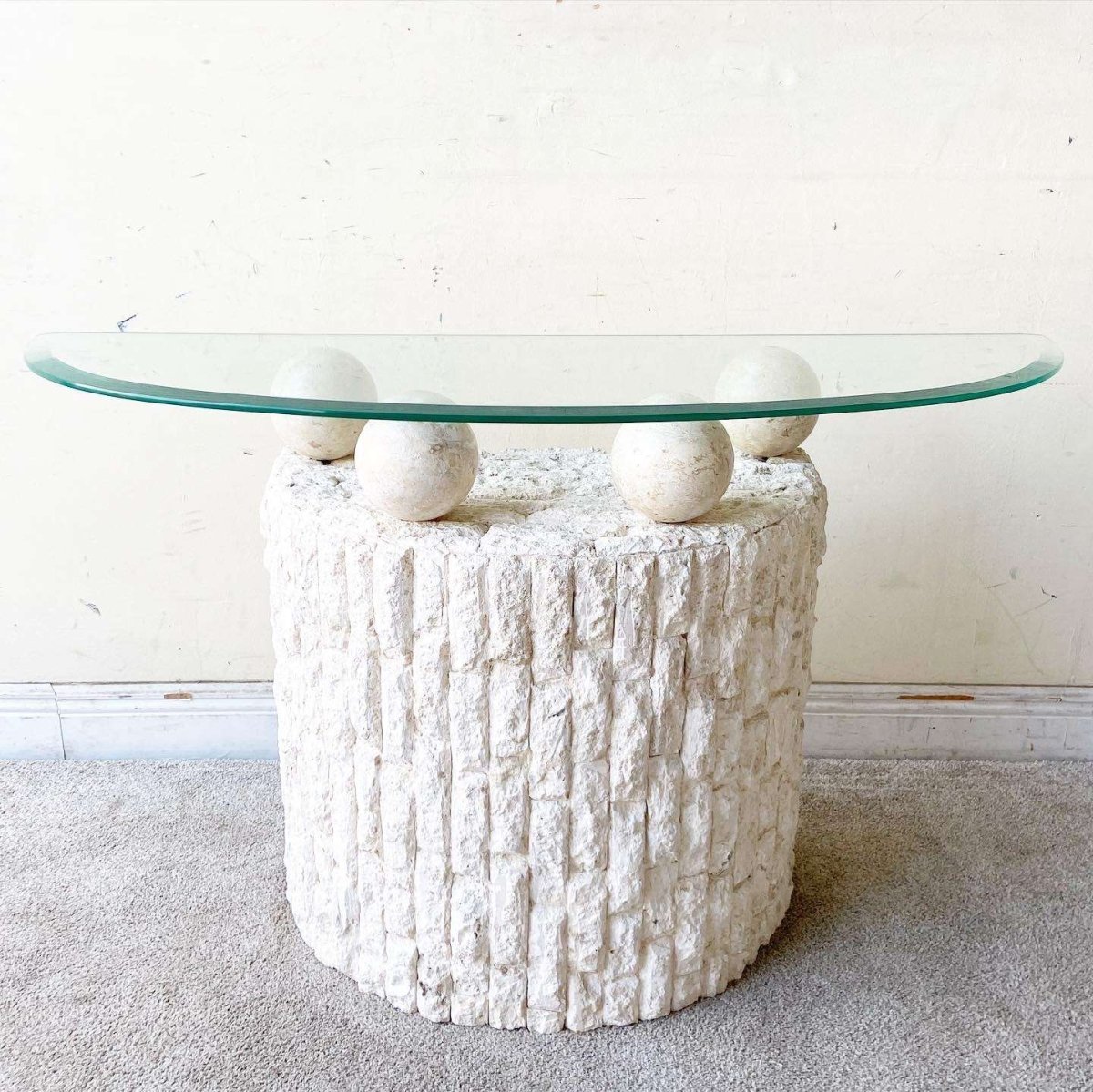 Postmodern Tessellated Stone Demi Lune Glass Top Console Table - Dolphin & Flamingo