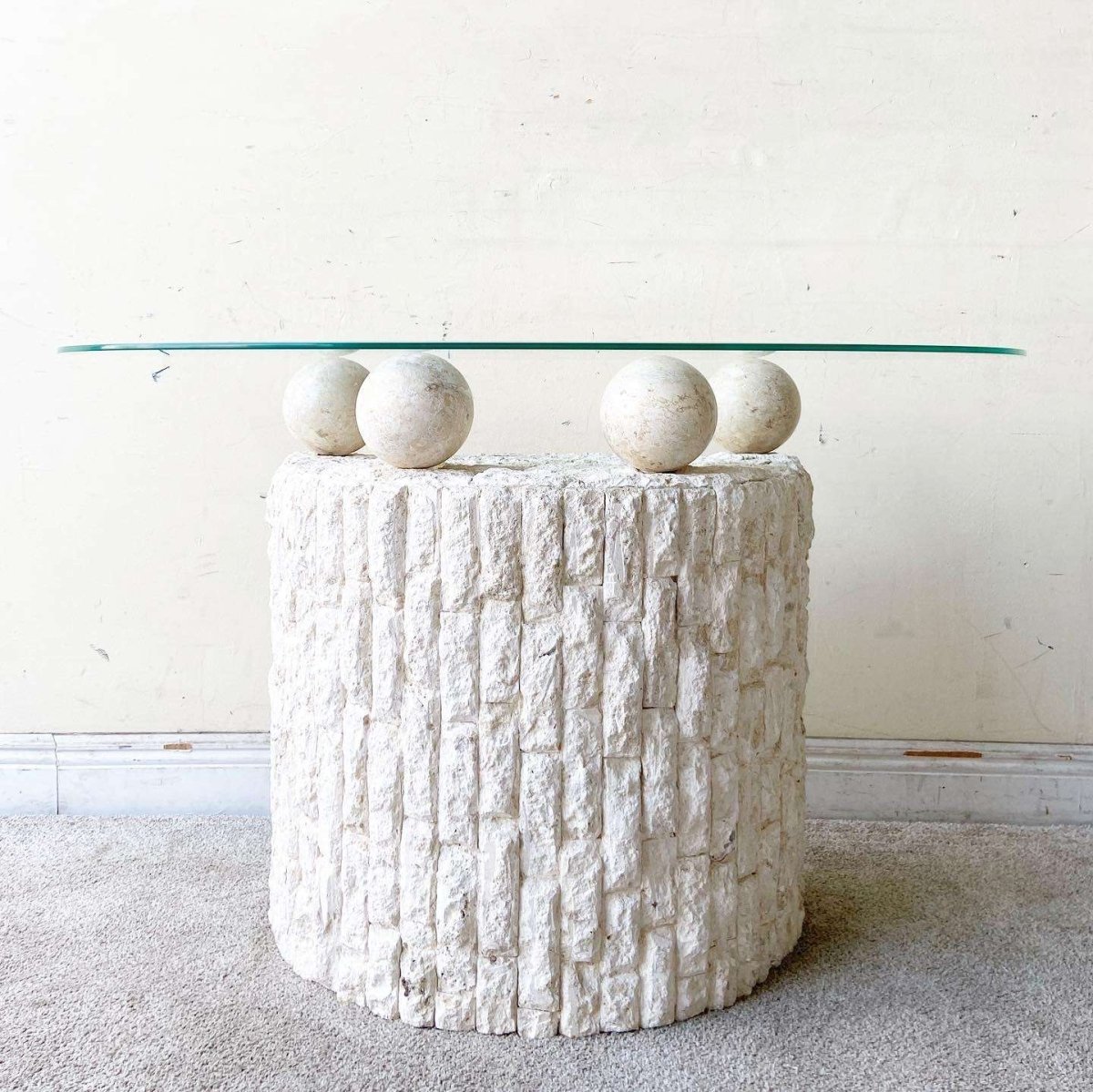 Postmodern Tessellated Stone Demi Lune Glass Top Console Table - Dolphin & Flamingo