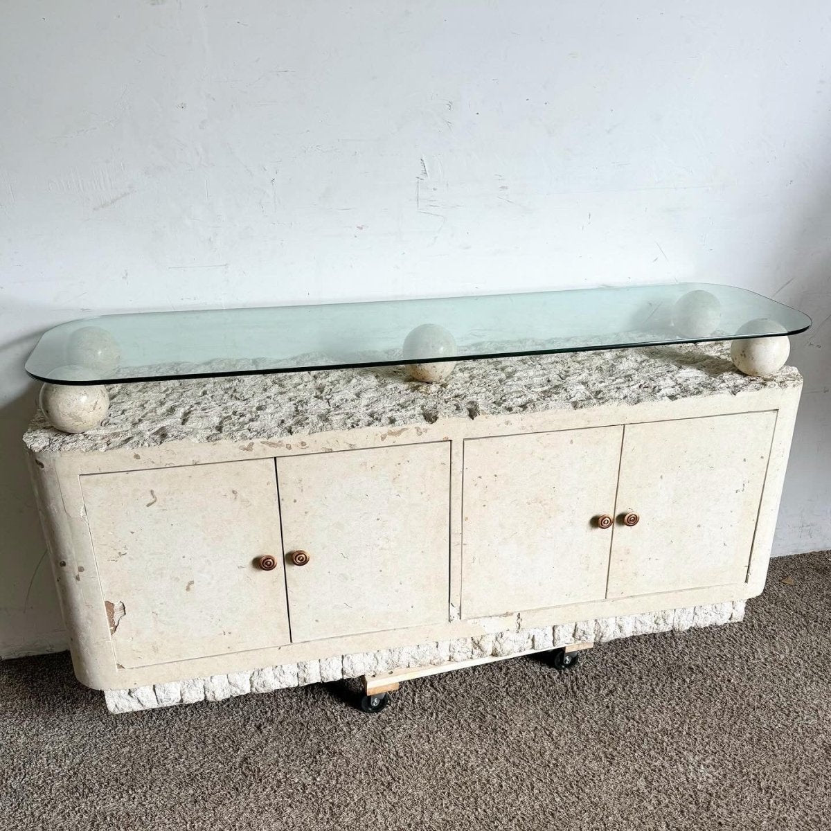 Postmodern Tessellated Stone Glass Top Credenza - Dolphin & Flamingo