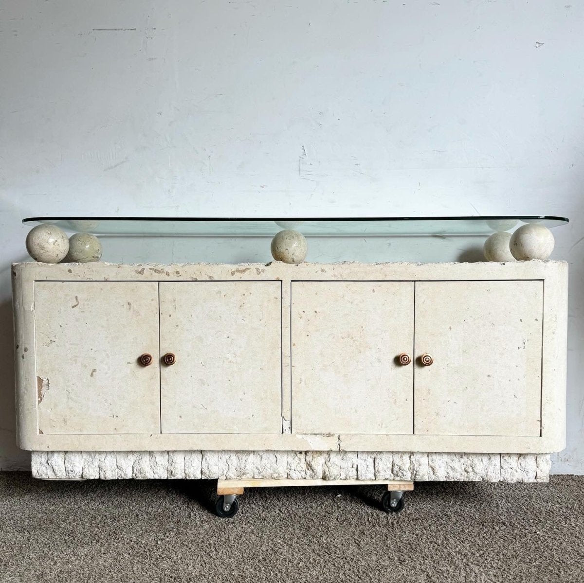 Postmodern Tessellated Stone Glass Top Credenza - Dolphin & Flamingo