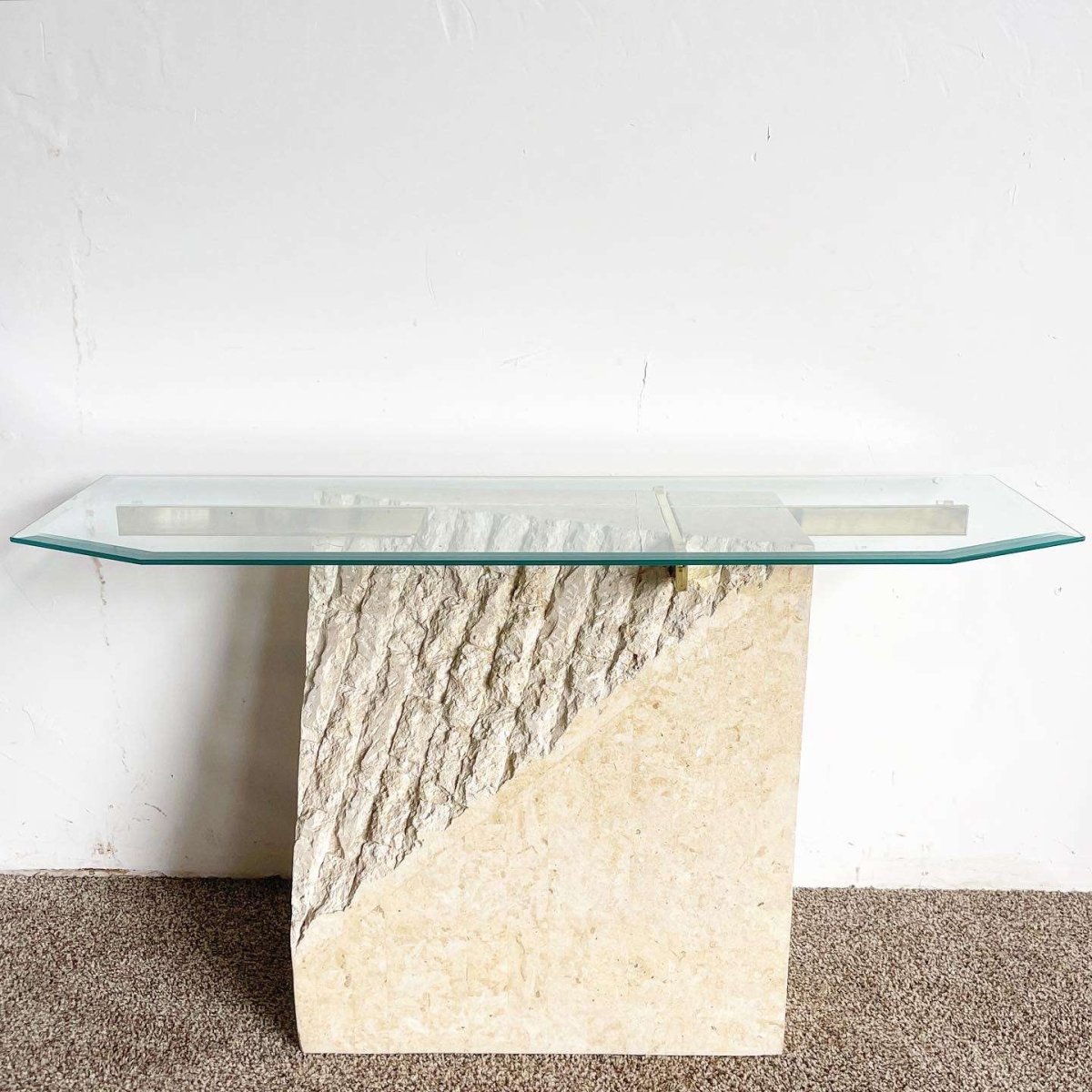 Postmodern Tessellated Stone Gold and Glass Console Table - Dolphin & Flamingo