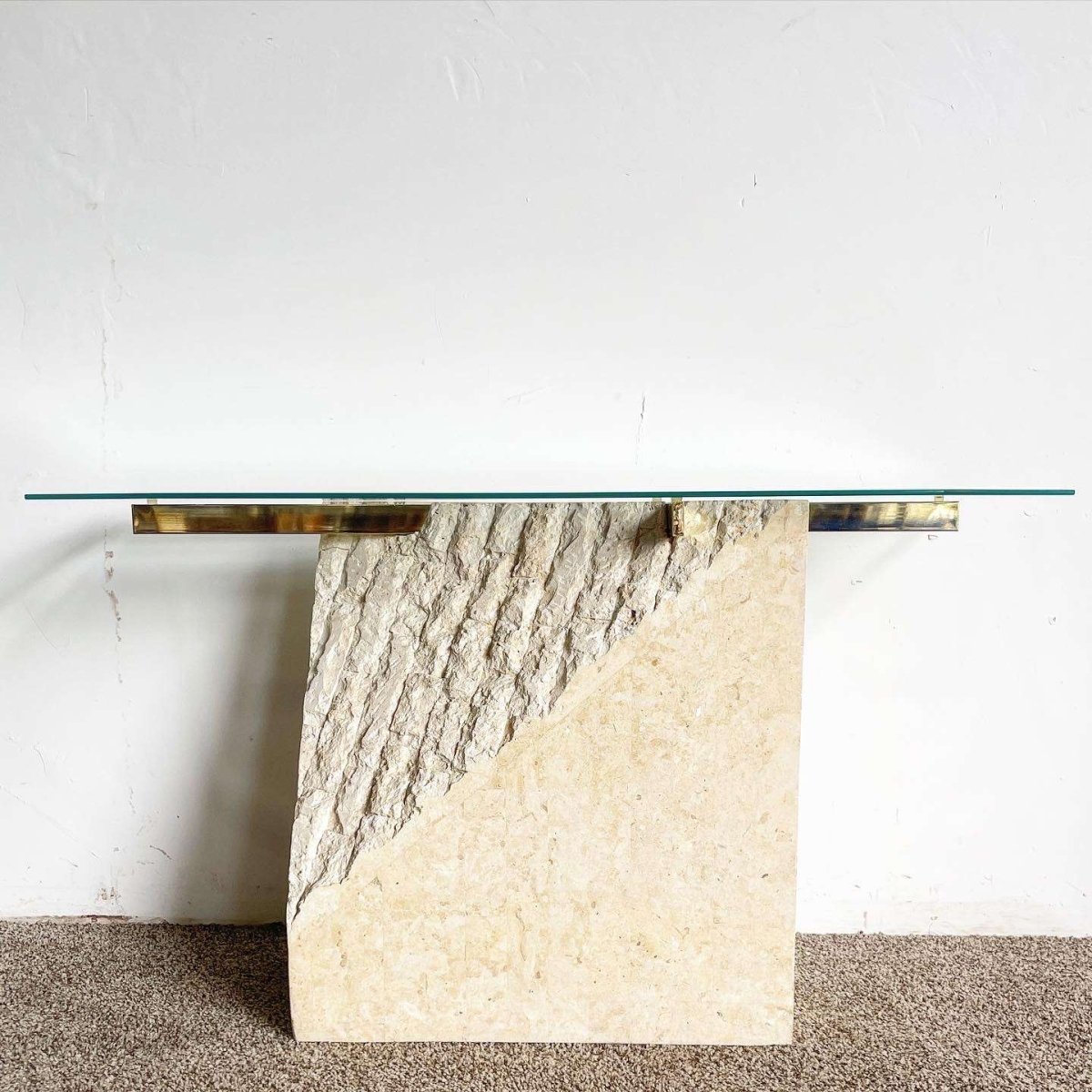 Postmodern Tessellated Stone Gold and Glass Console Table - Dolphin & Flamingo