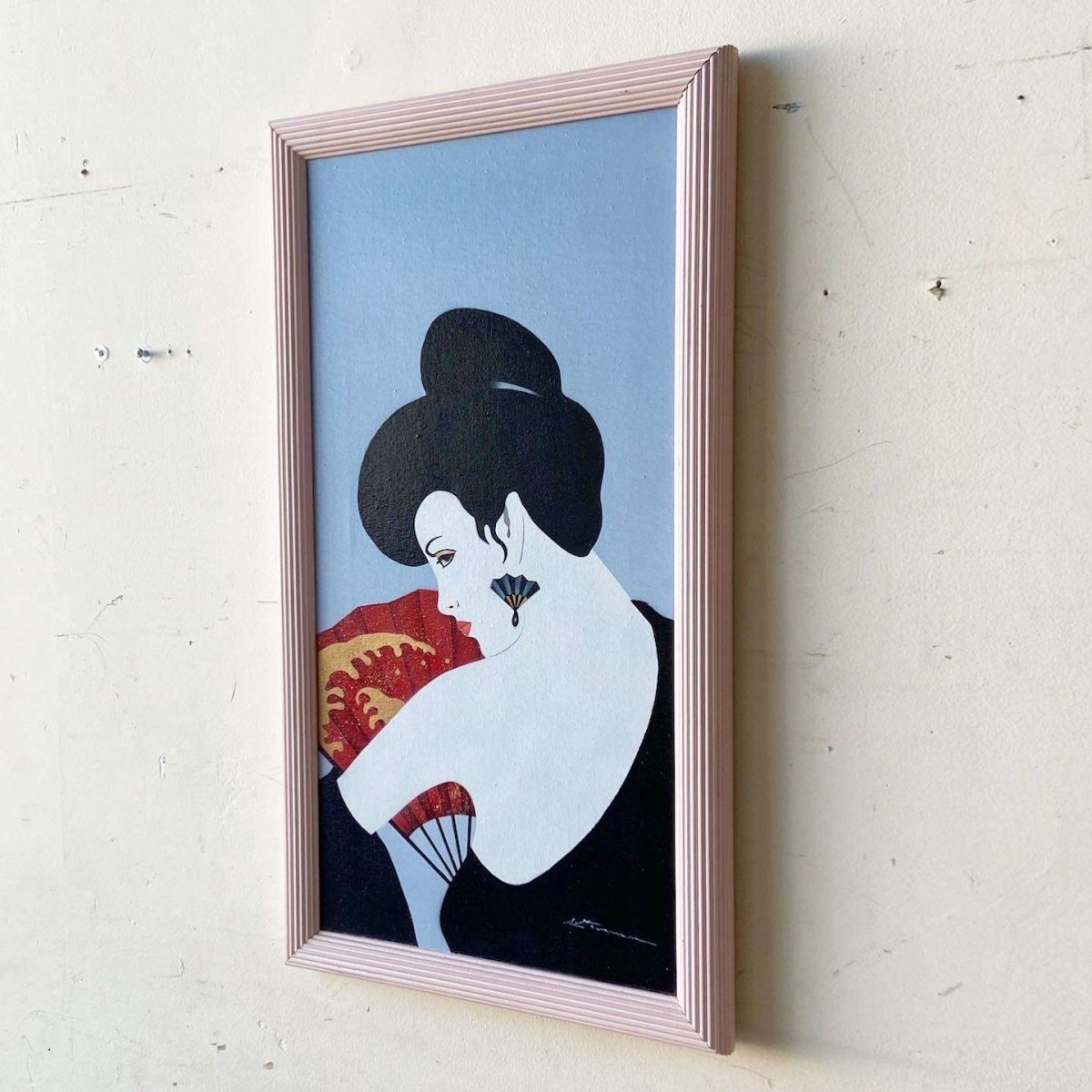Postmodern/Chinoiserie Framed and Signed Oil Painting of Lady With Fan - Dolphin & Flamingo