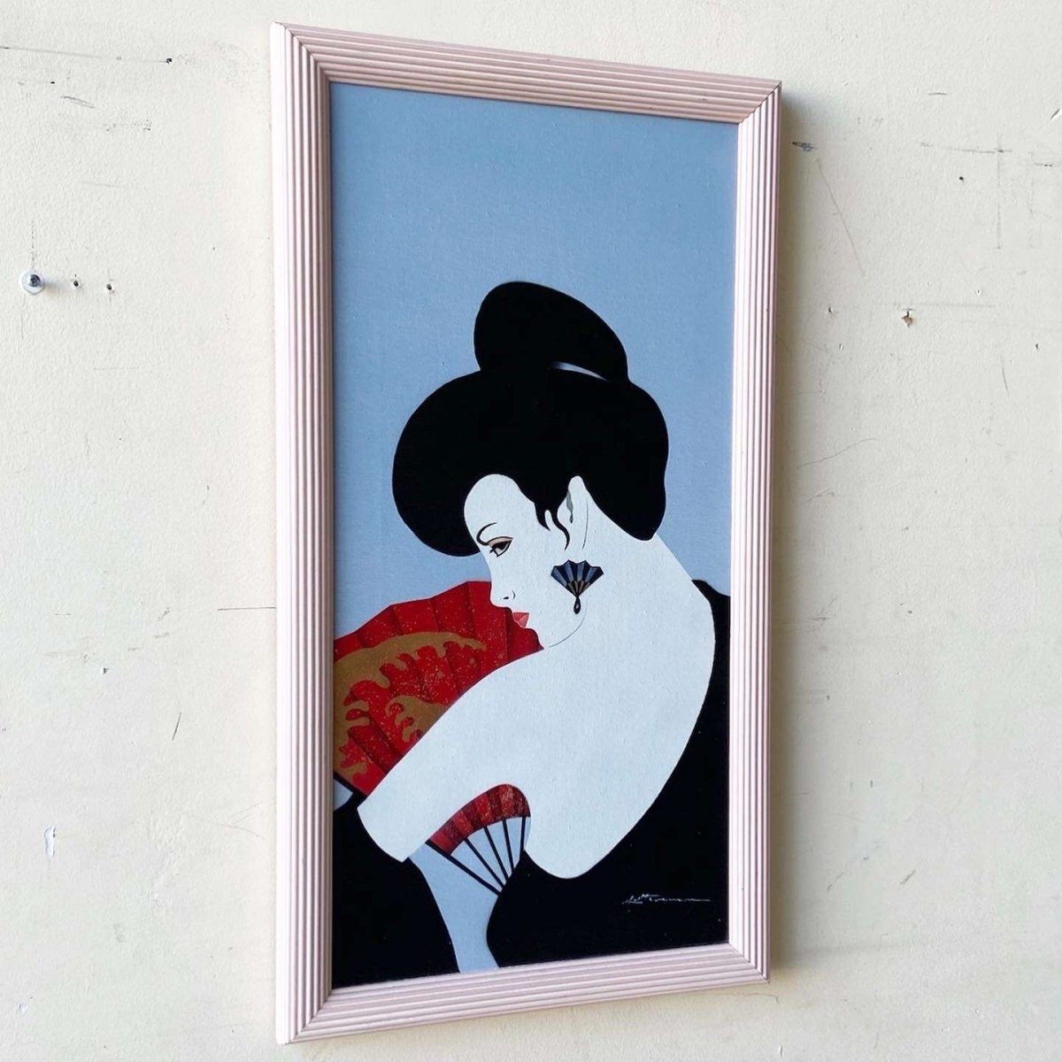 Postmodern/Chinoiserie Framed and Signed Oil Painting of Lady With Fan - Dolphin & Flamingo