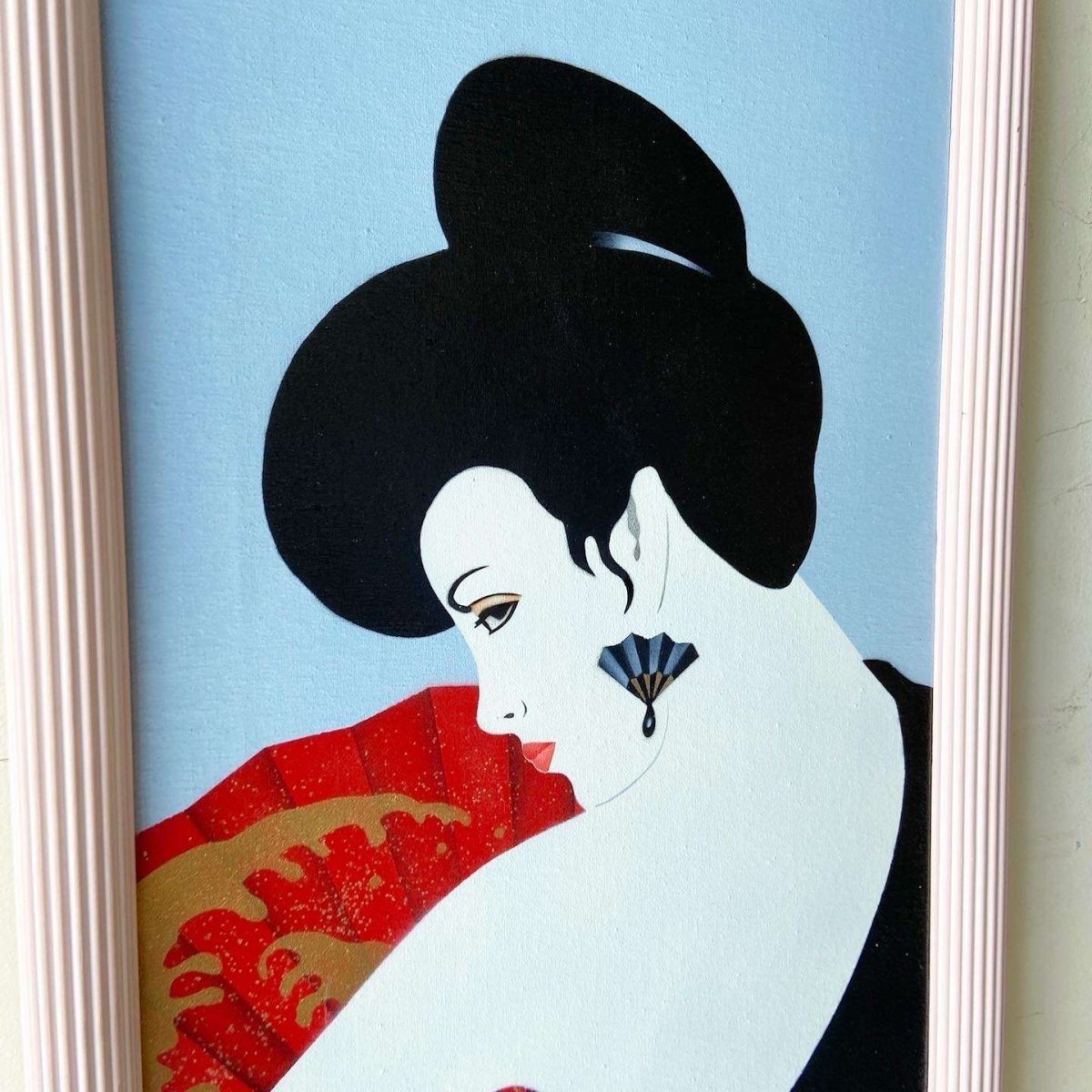 Postmodern/Chinoiserie Framed and Signed Oil Painting of Lady With Fan - Dolphin & Flamingo