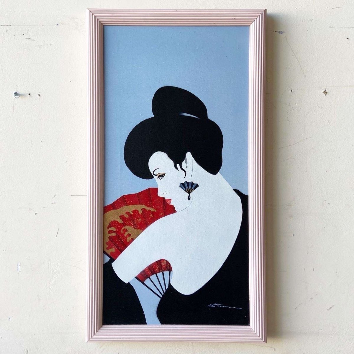 Postmodern/Chinoiserie Framed and Signed Oil Painting of Lady With Fan - Dolphin & Flamingo