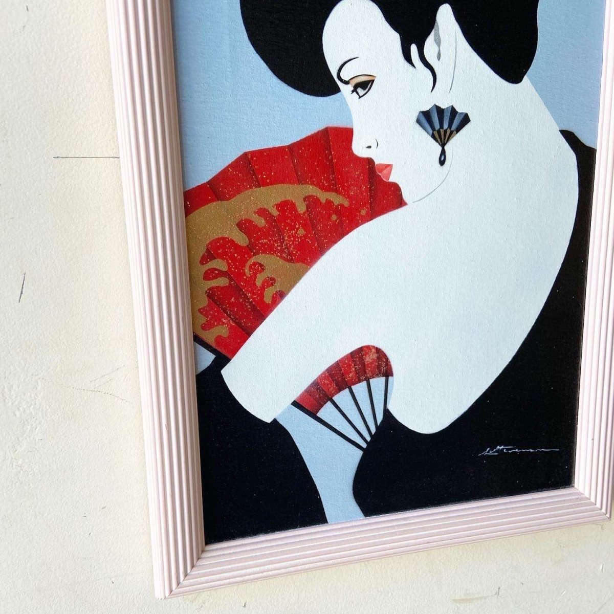 Postmodern/Chinoiserie Framed and Signed Oil Painting of Lady With Fan - Dolphin & Flamingo