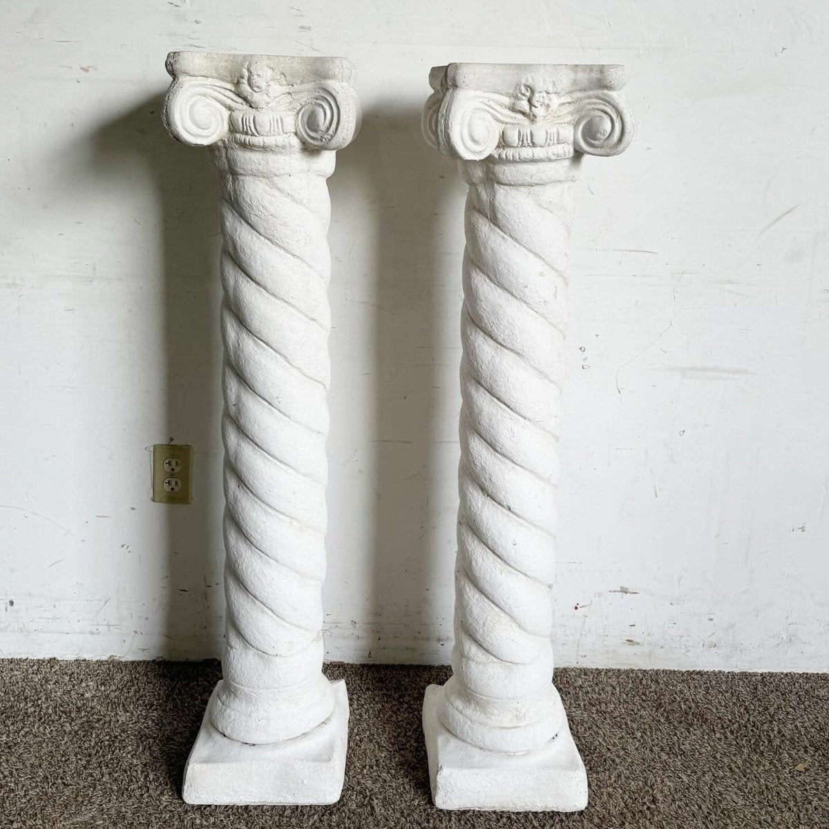 Regency White Plaster Columns Pedestals - a Pair - Dolphin & Flamingo
