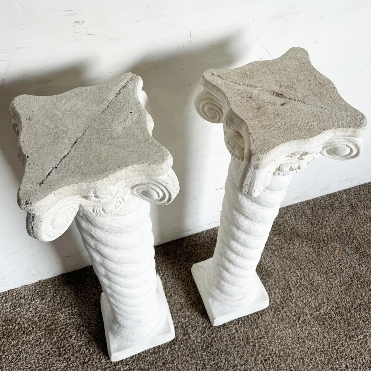 Regency White Plaster Columns Pedestals - a Pair - Dolphin & Flamingo