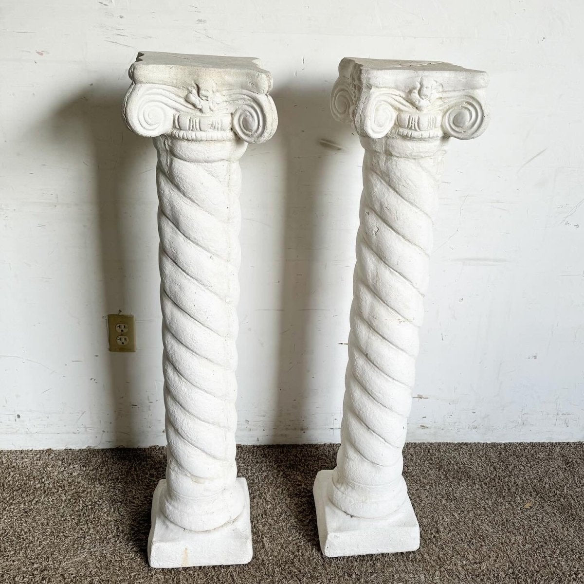Regency White Plaster Columns Pedestals - a Pair - Dolphin & Flamingo