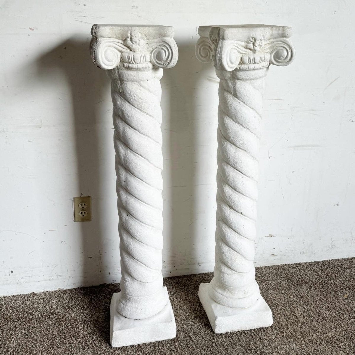 Regency White Plaster Columns Pedestals - a Pair - Dolphin & Flamingo