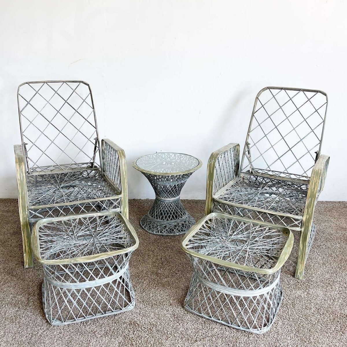 Russell Woodard Spun Fiberglass Lounge Chairs With Ottomans and Side Tables - Dolphin & Flamingo