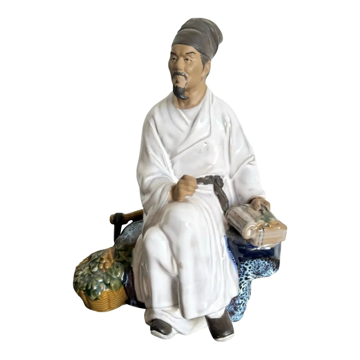 Shiwan Chinese Mudman "The Doctor" or "Scholar" Ceramic Figurine/Sculpture - Dolphin & Flamingo