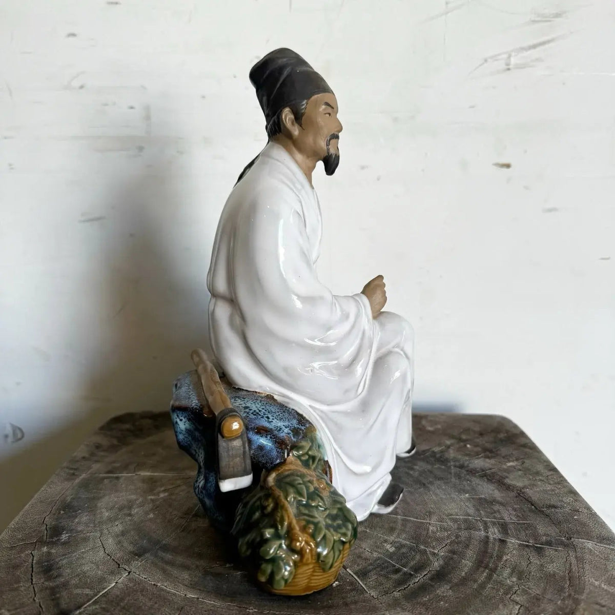 Shiwan Chinese Mudman "The Doctor" or "Scholar" Ceramic Figurine/Sculpture - Dolphin & Flamingo