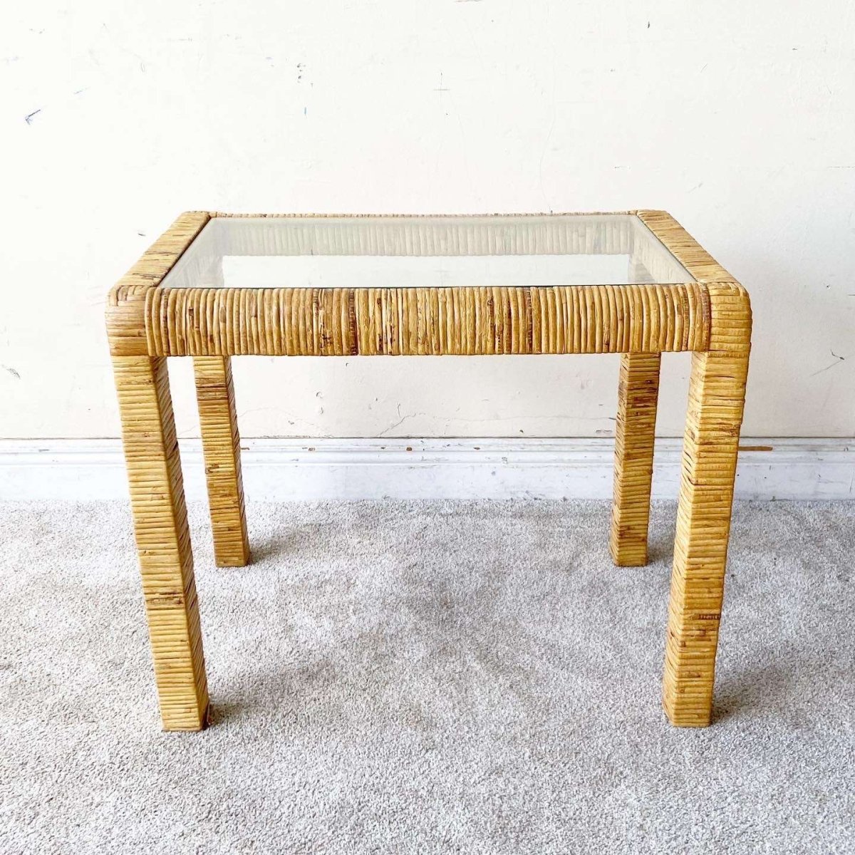 Vintage Boho Chic Rattan Glass Top Side Table - Dolphin & Flamingo