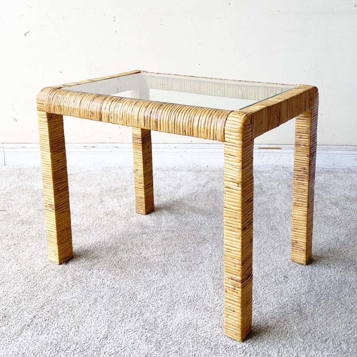 Vintage Boho Chic Rattan Glass Top Side Table - Dolphin & Flamingo