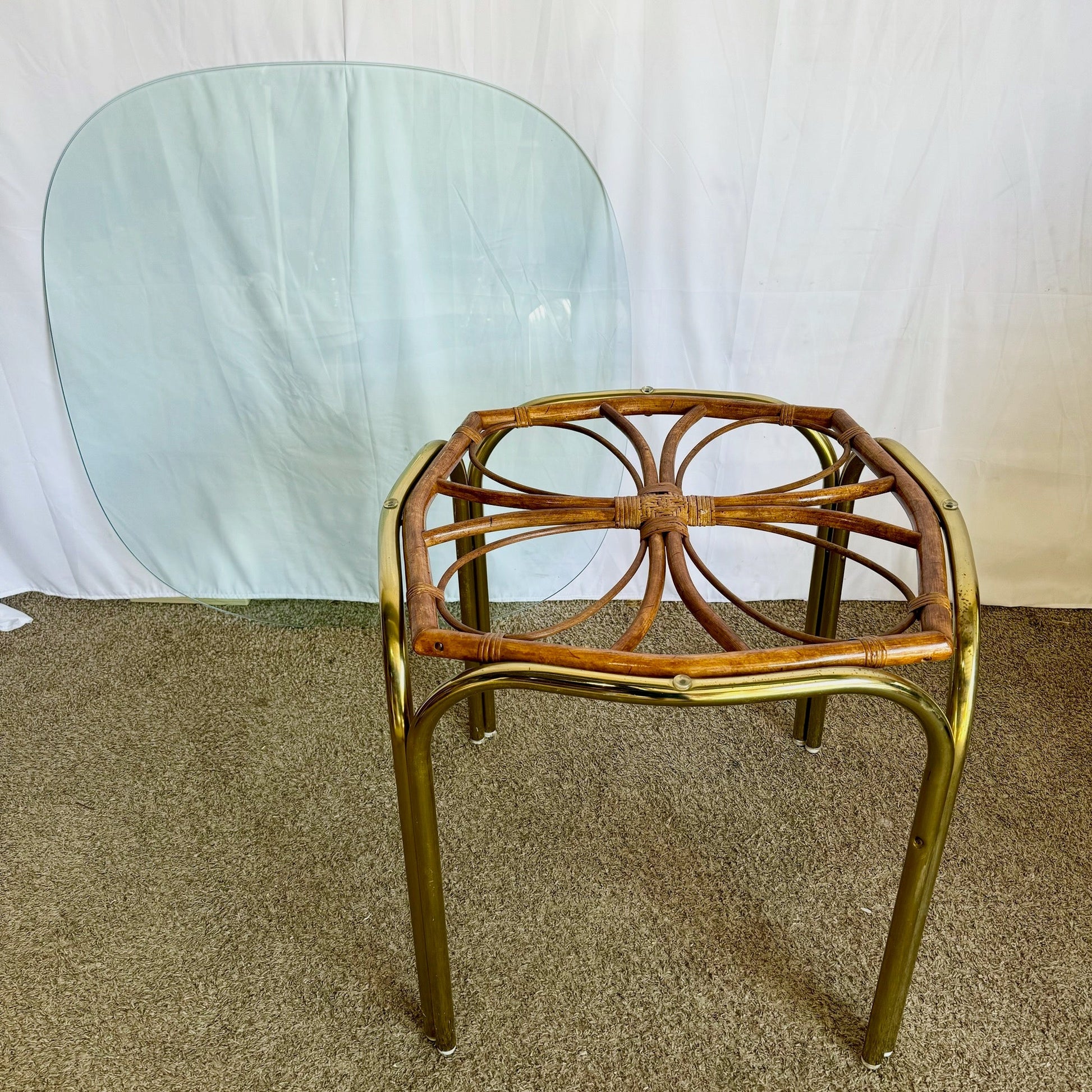 Vintage Boho Gold and Rattan Glass Top Dining Table - Dolphin & Flamingo