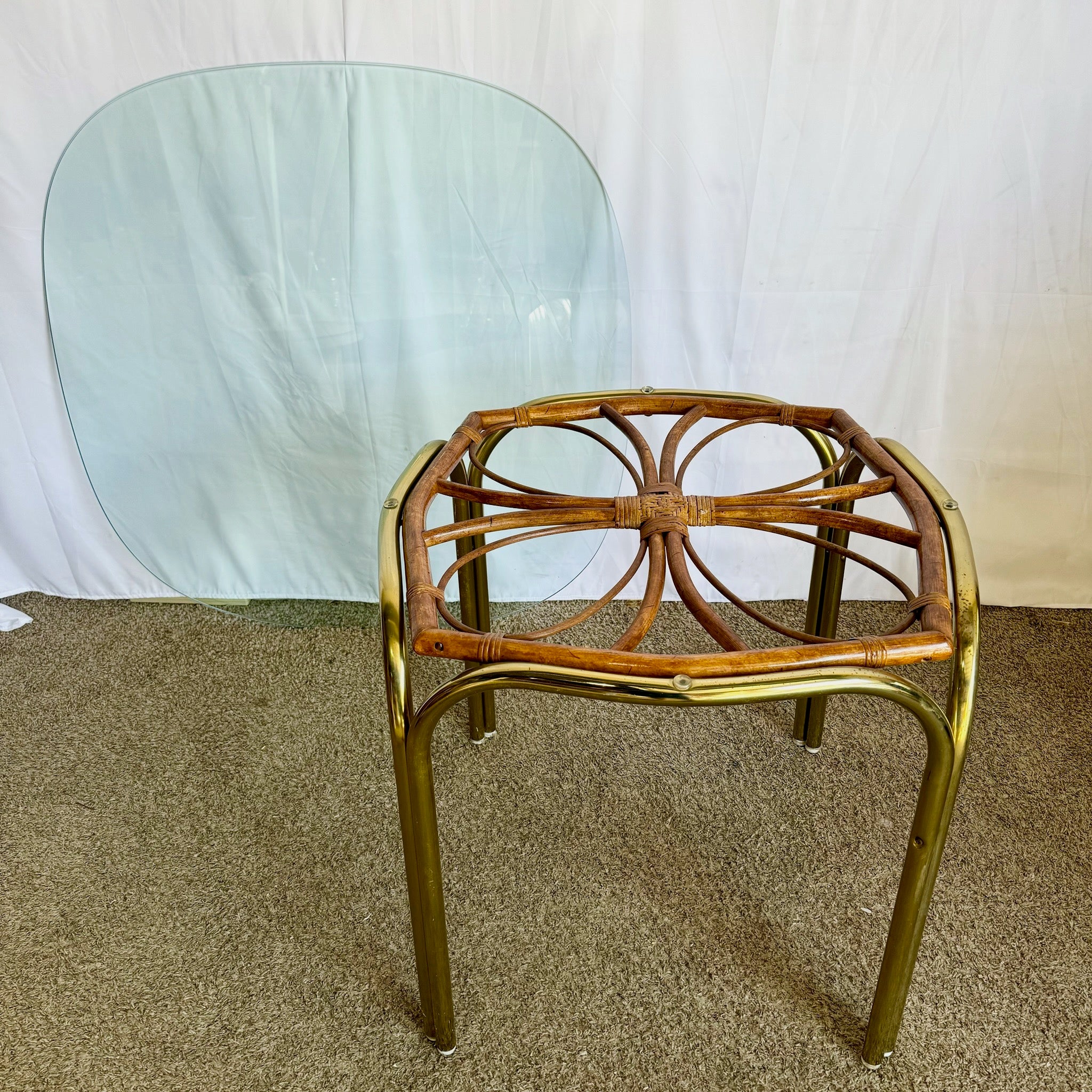 Vintage Boho Gold and Rattan Glass Top Dining Table - Dolphin & Flamingo