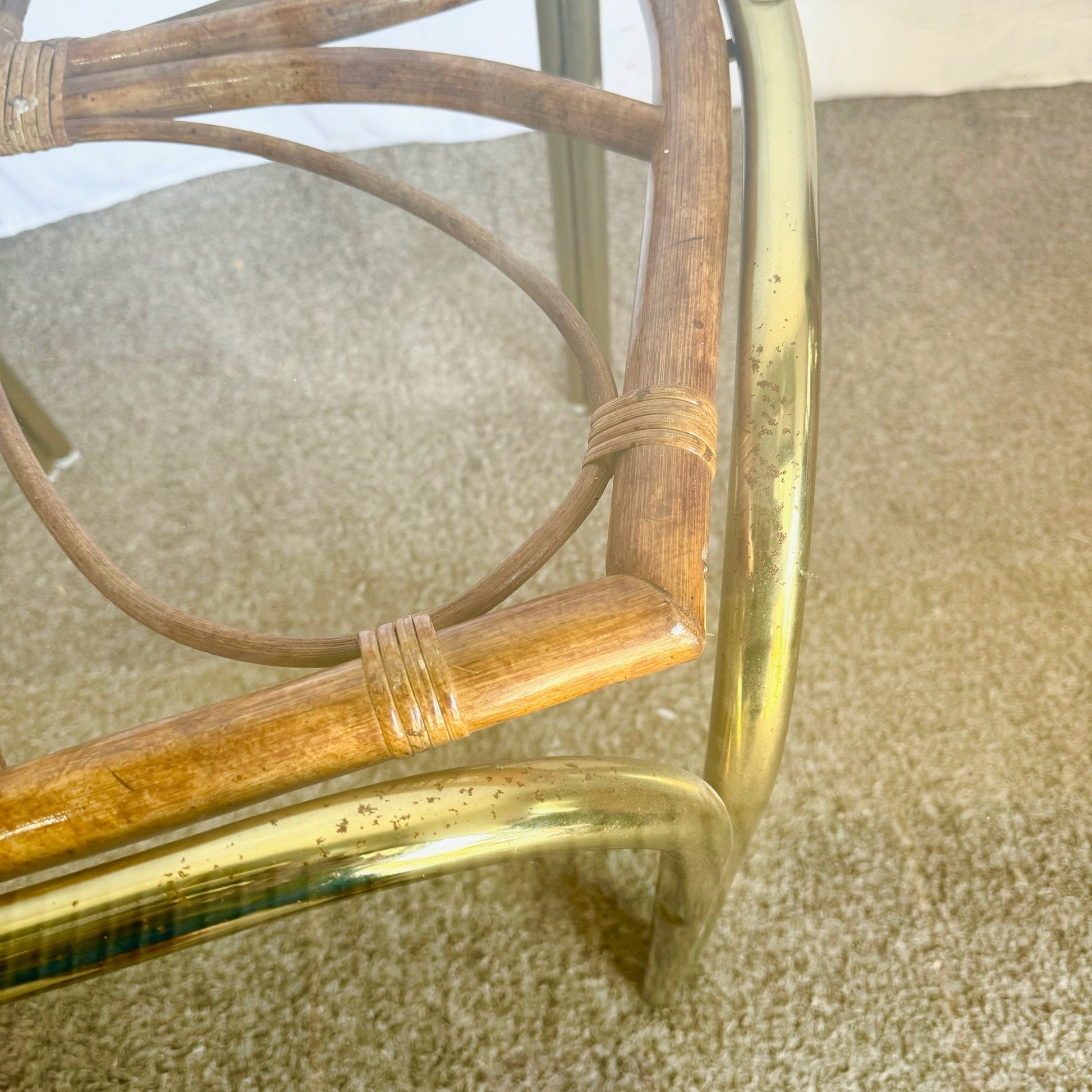 Vintage Boho Gold and Rattan Glass Top Dining Table - Dolphin & Flamingo