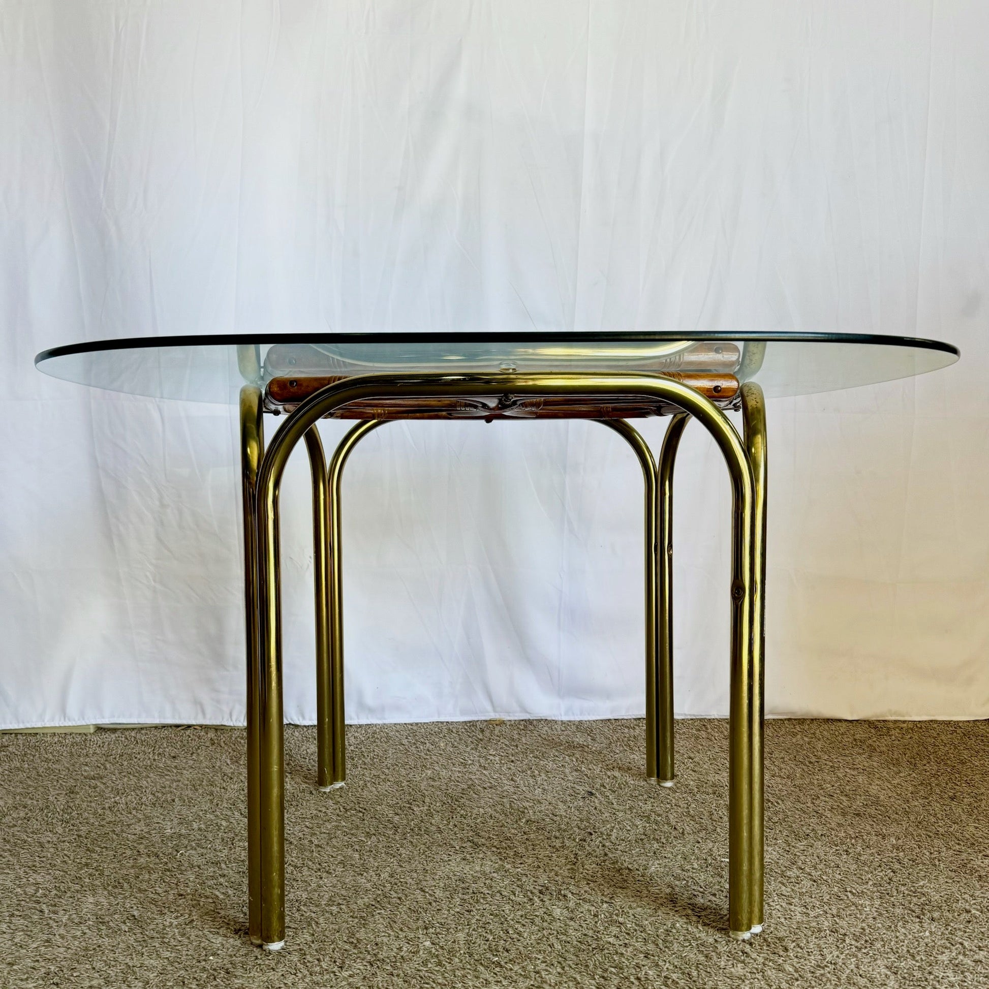 Vintage Boho Gold and Rattan Glass Top Dining Table - Dolphin & Flamingo