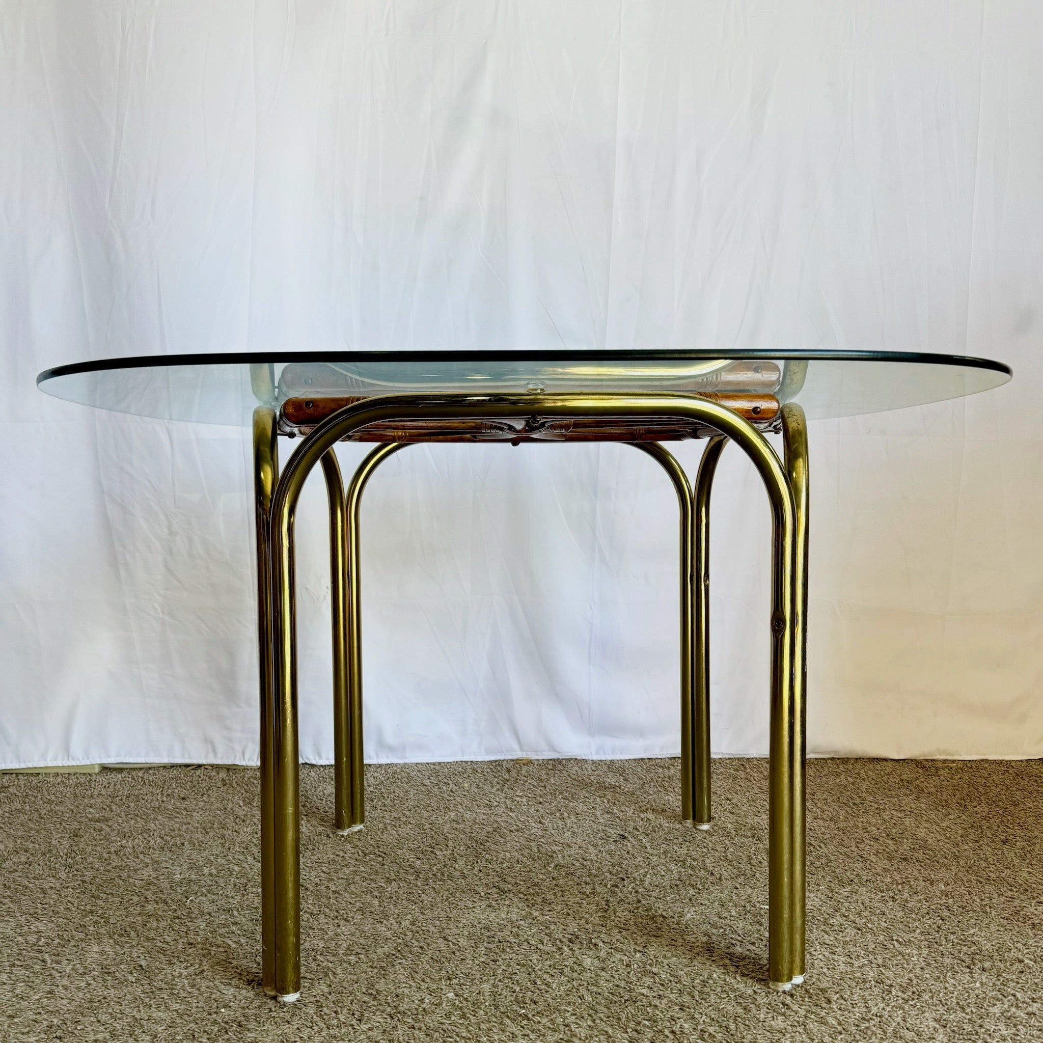 Vintage Boho Gold and Rattan Glass Top Dining Table - Dolphin & Flamingo